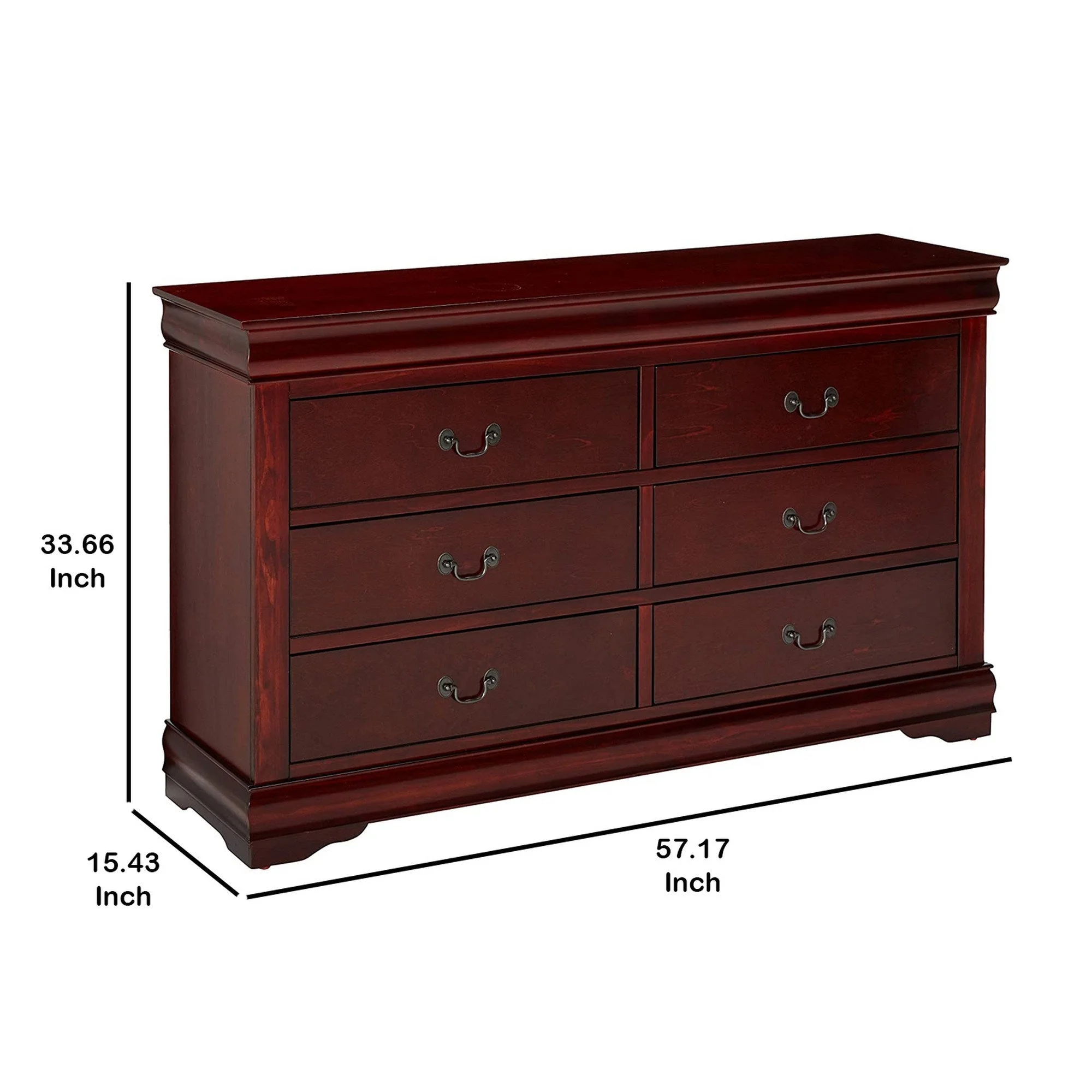 Benzara Traditional Style Wooden Dresser with Six Drawers, Cherry Brown