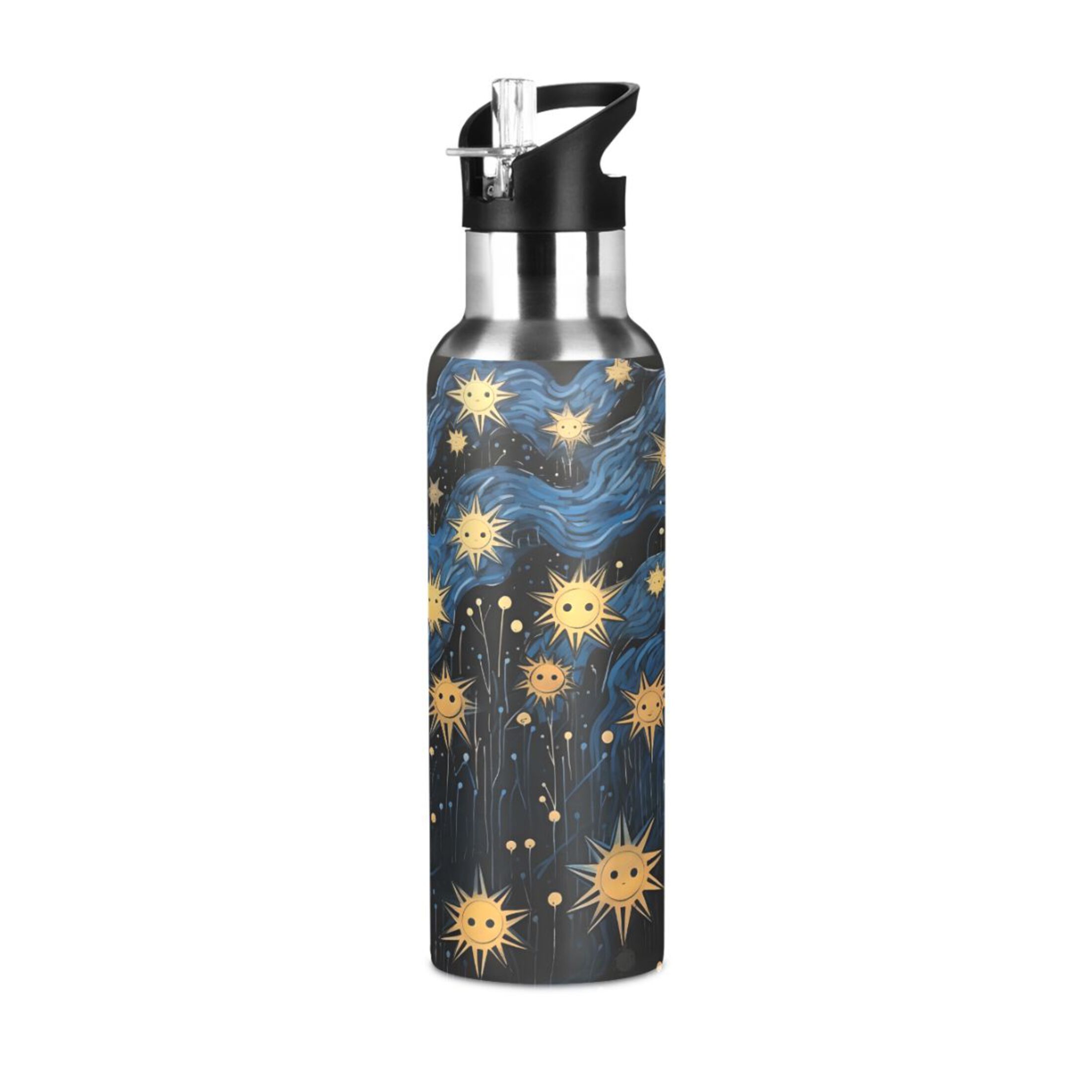 Water Bottle with Straw Lid Leak Cute Sunflowers on Blue Stainless Steel Insulated Thermos Vacuum Flask for Cold Hot Drinking for Sports Camping Gym Yoga