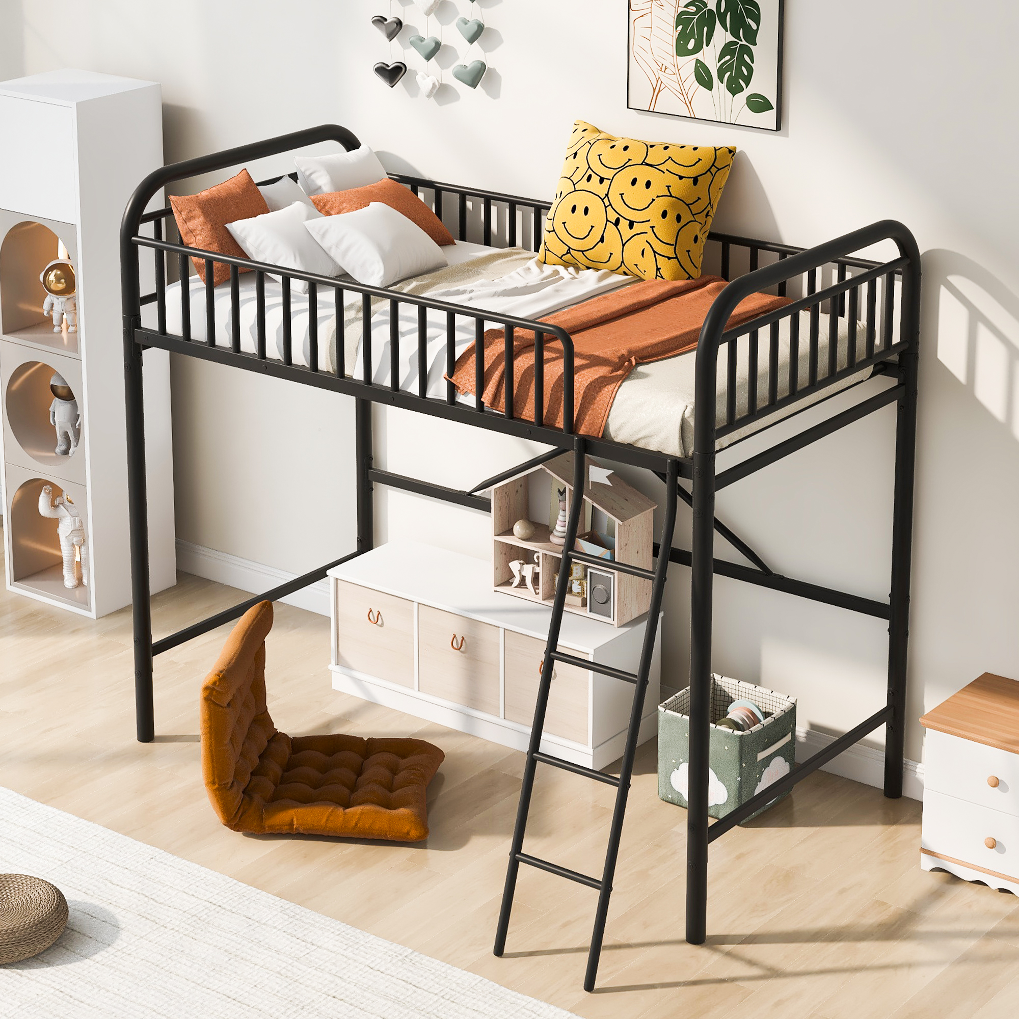 EUROCO Twin Metal Loft Bed with Ladde for Kids, Black