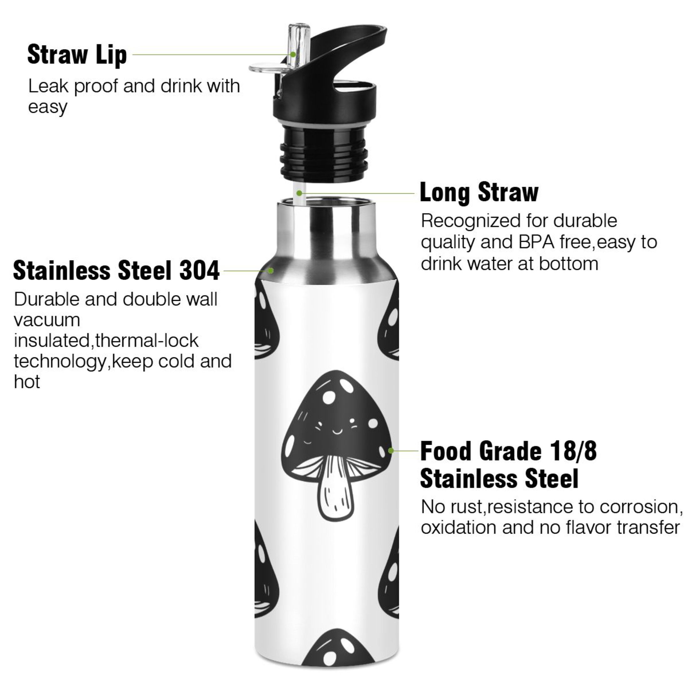 Black Mushrooms Water Bottles Insulated Thermos Kids Stainless Steel Bottle with Straw Lid Flask Leakproof for Sports Gym 20 oz
