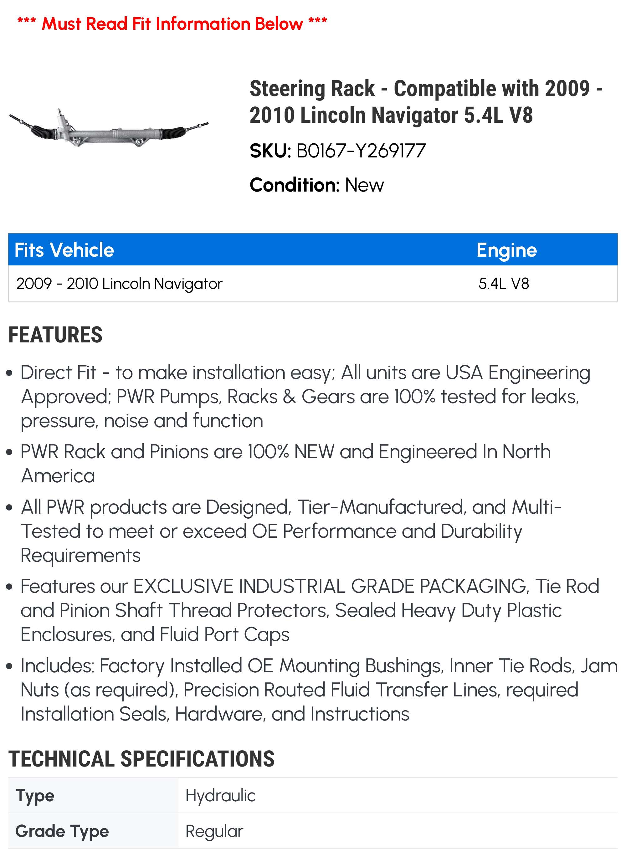 Steering Rack - Compatible with 2009 - 2010 Lincoln Navigator 5.4L V8
