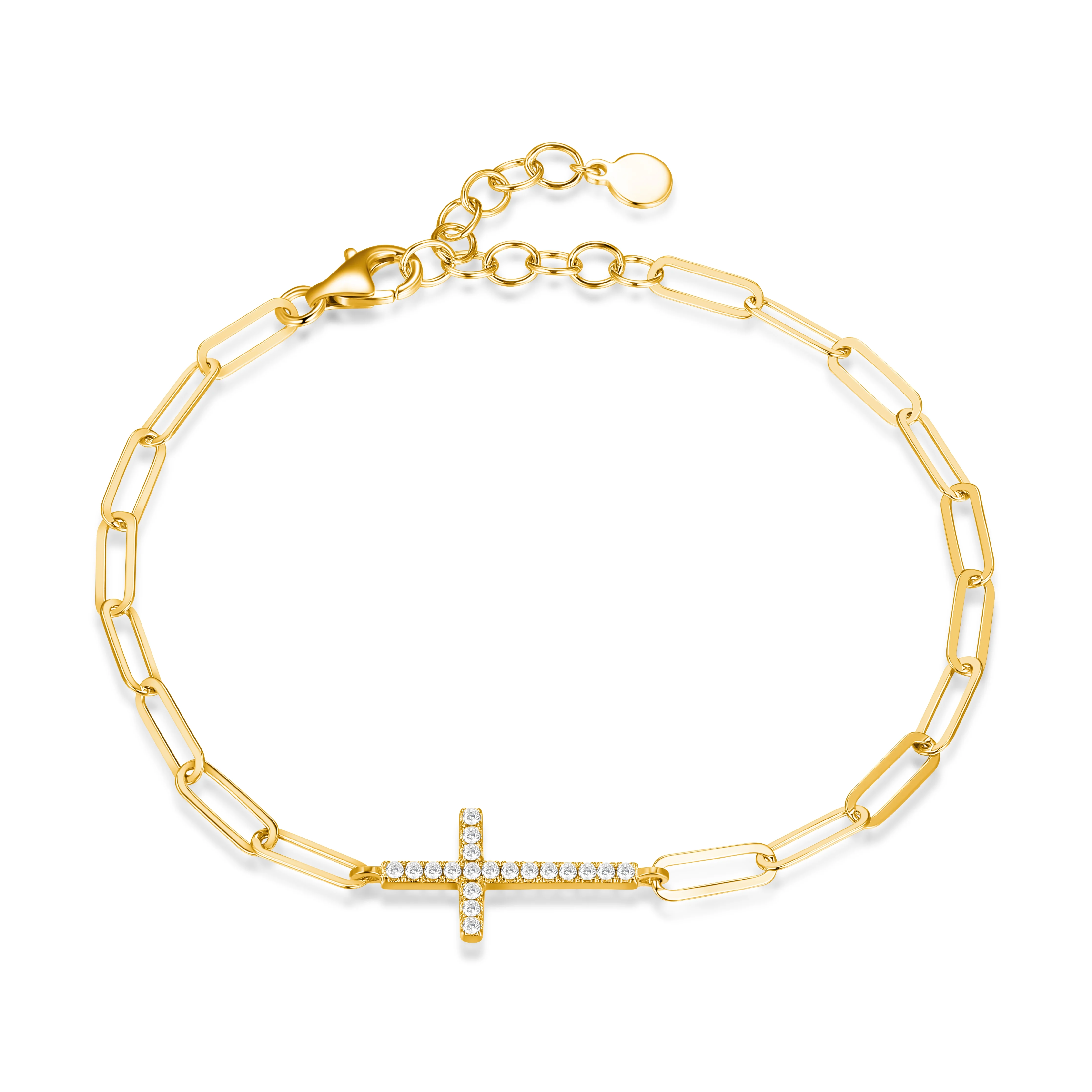 Forever Facets 18K Gold Over Sterling Silver CZ Cross Paperclip Bracelet, 6.75