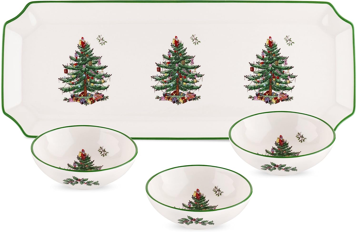 Spode Christmas Tree Rectangular Tray with Dipping Bowls, 4 Piece Dip Set Includes Tray and 3 Dip Bowls, Made of Fine Earthenware