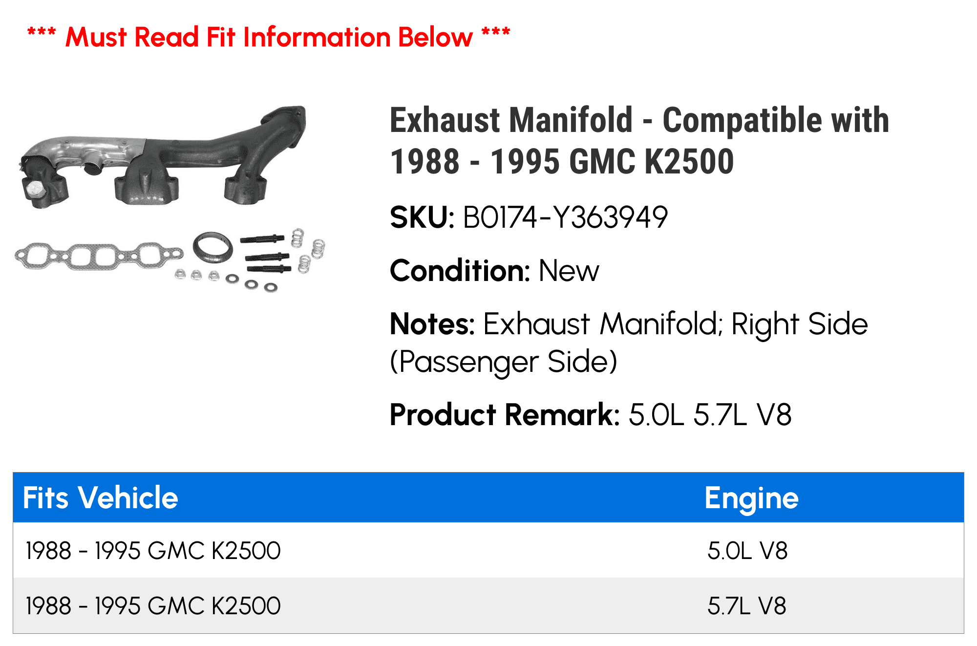Exhaust Manifold - Compatible with 1988 - 1995 GMC K2500 1989 1990 1991 1992 1993 1994