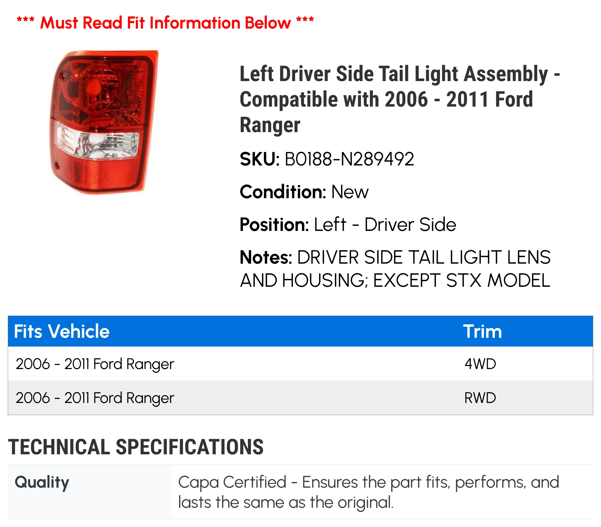 Left Driver Side Tail Light Assembly - Compatible with 2006 - 2011 Ford Ranger 2007 2008 2009 2010