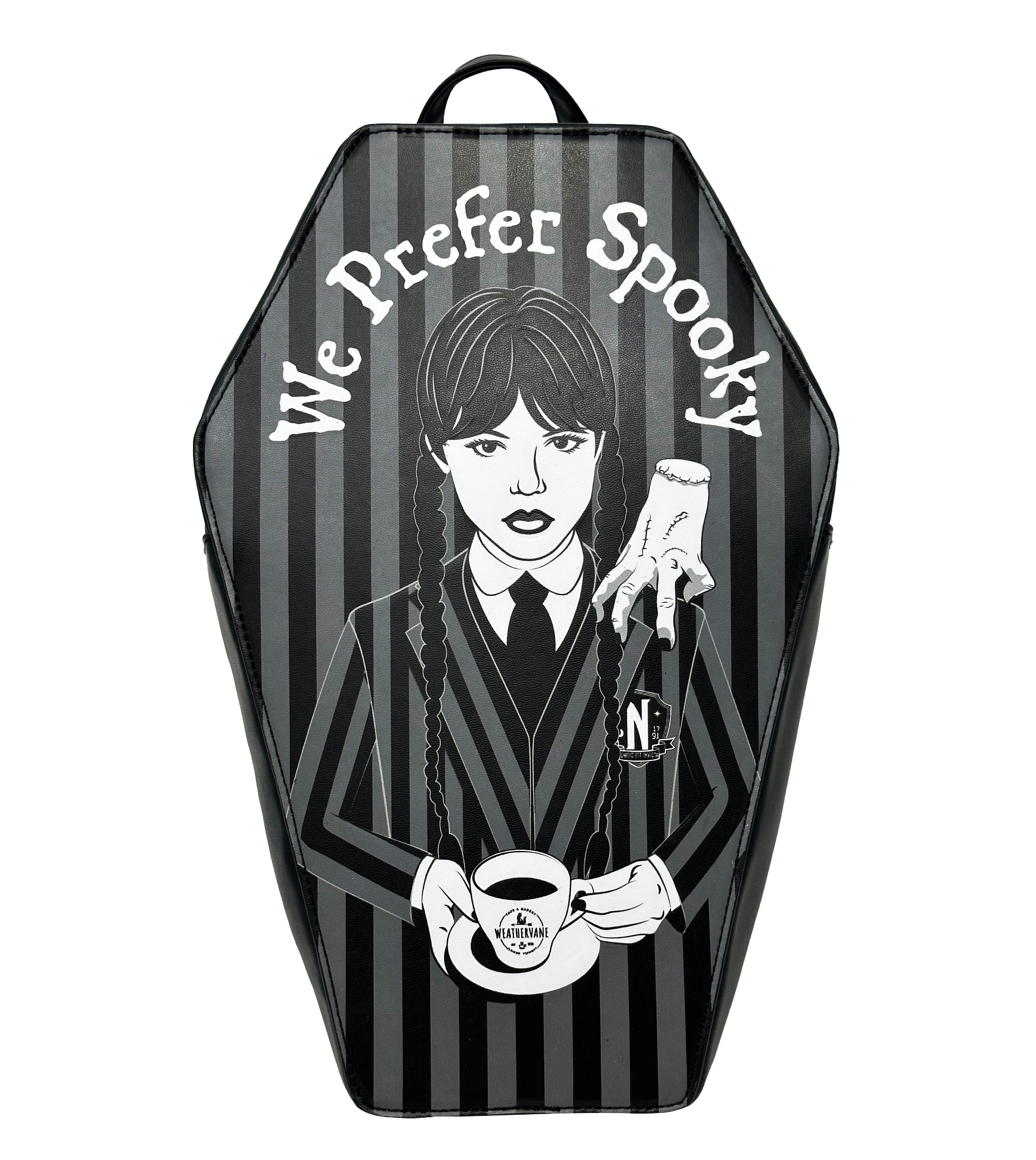 Officially Licensed TV series Wednesday Coffin Shaped We Prefer Spooky Black Mini Backpack, Kawaii Cosplay Youth and Adult Bag, Adjustable shoulder