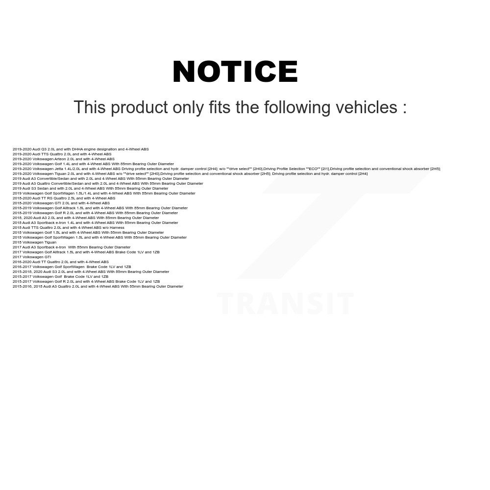 Transit Auto - Front Wheel Hub Bearing And ABS Sensor Kit For Volkswagen Tiguan Jetta Audi Golf GTI A3 Quattro Alltrack SportWagen R S3 Q3 Sportback e-tron TT Arteon RS TTS K7S-102266