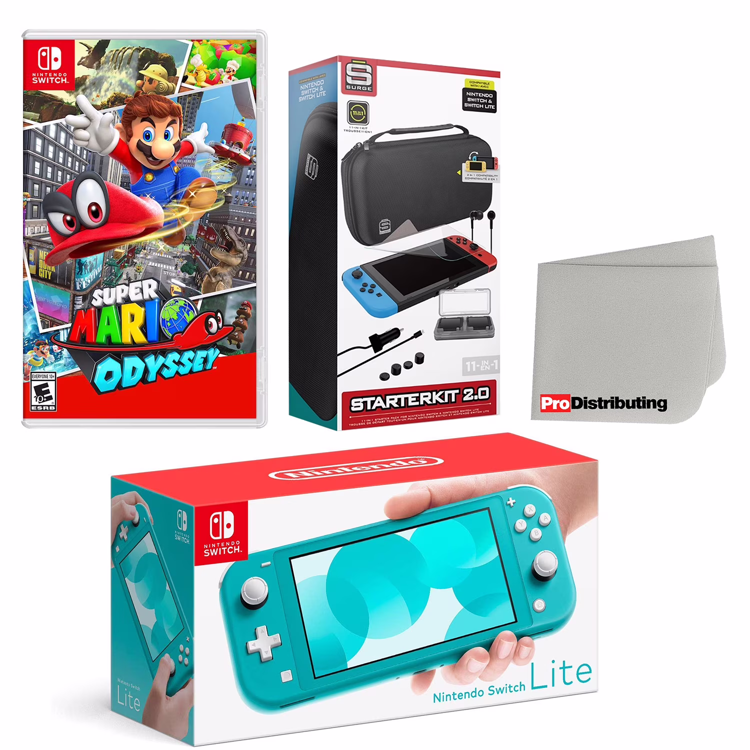 Nintendo Switch Lite Console Turquoise with Super Mario Odyssey, Accessory Starter Kit and Screen Cleaning Cloth Bundle - Import with US Plug