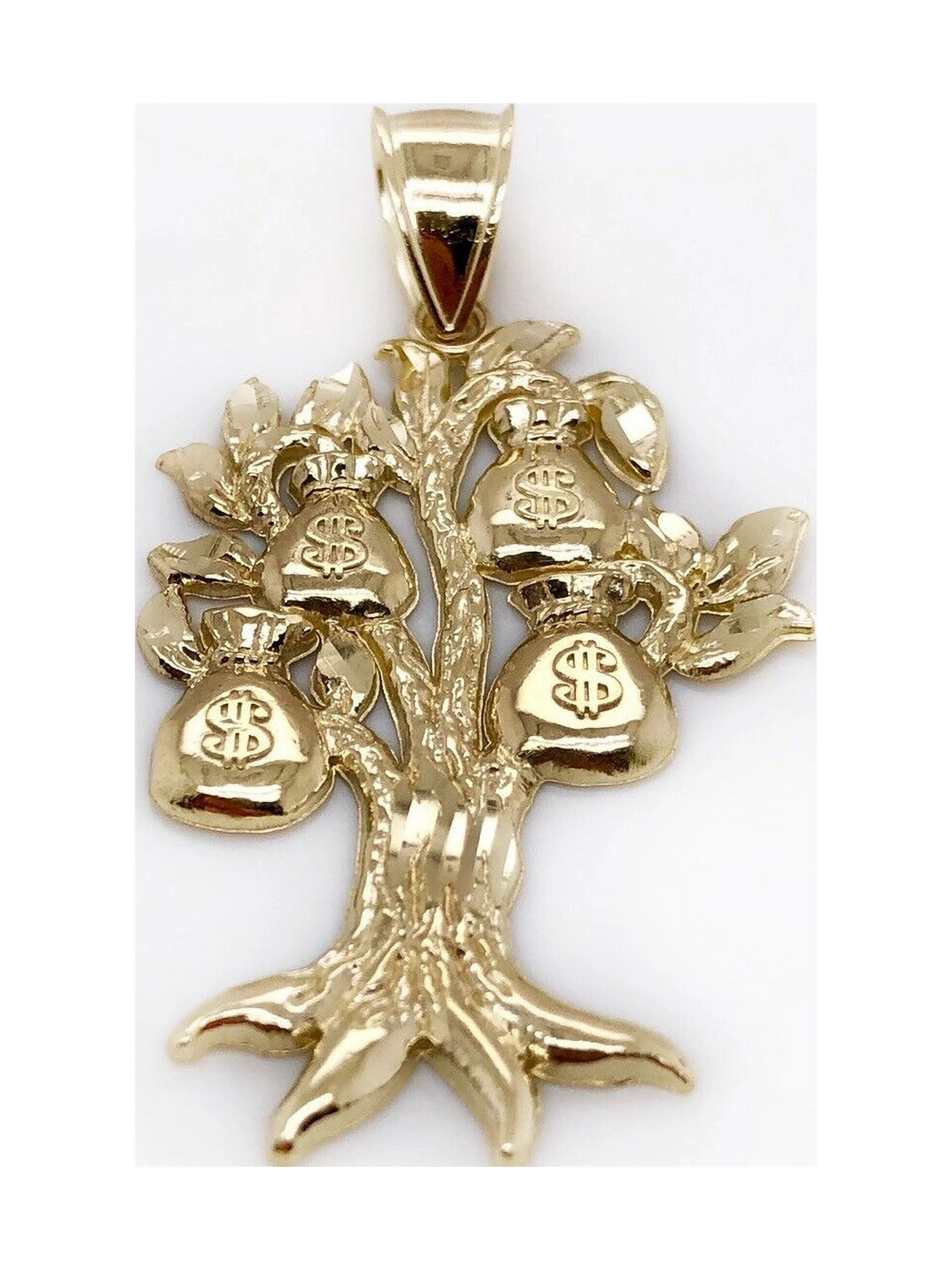 Real 10K Yellow Gold Diamond Cut Lucky Money Bag Tree Dollar Pendant 4.2 Grams