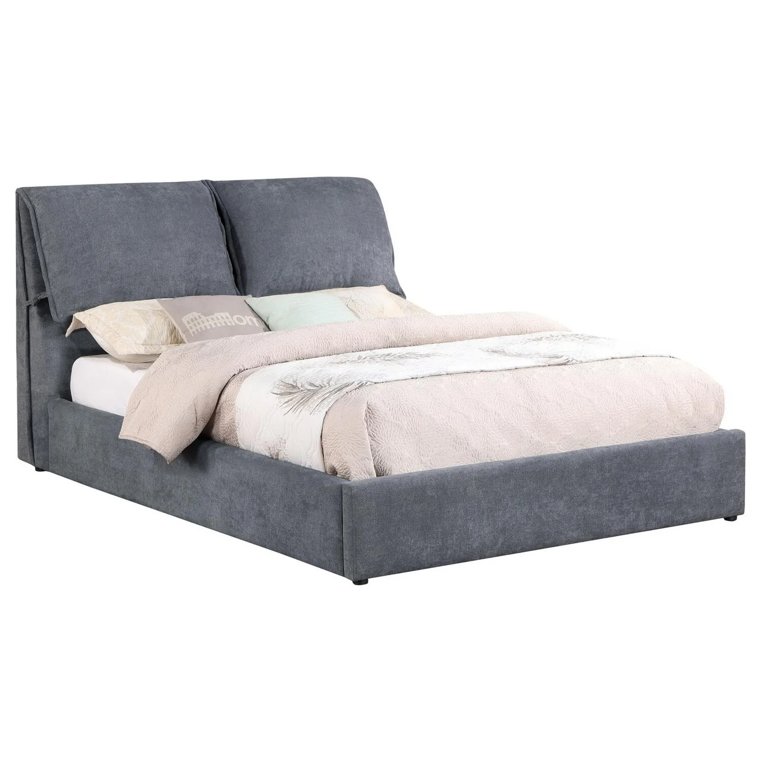 Benjara BM307124 Lian Fabric Upholstered King Size Bed with Pillow Headboard, Charcoal Gray