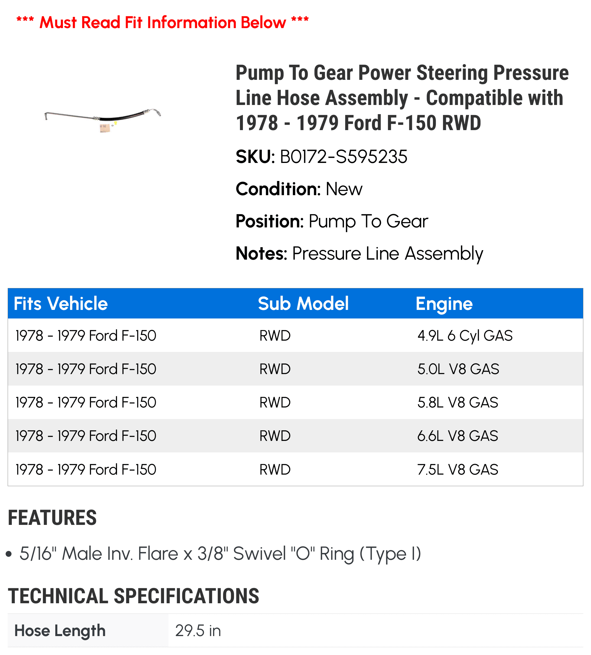 Pump To Gear Power Steering Pressure Line Hose Assembly - Compatible with 1978 - 1979 Ford F-150 RWD