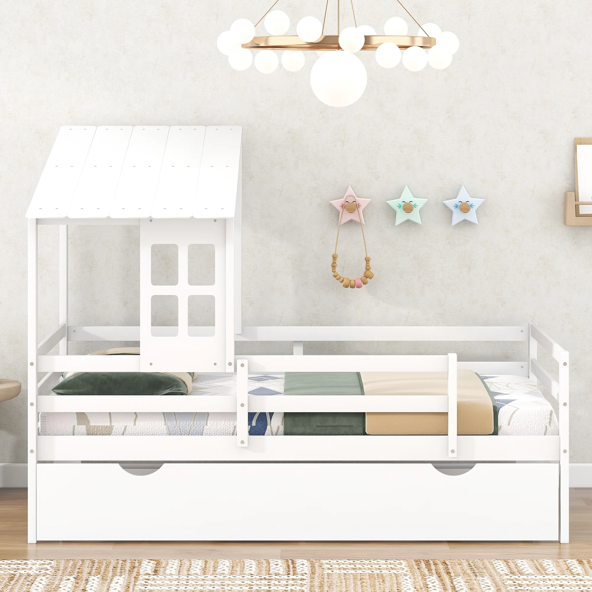 House Bed with Trundle, Window and Roof, Twin Size Wood Bed Daybed Twin Size House Low Loft Bed with Trundle Can be Decorated for Girls, Boys(White)