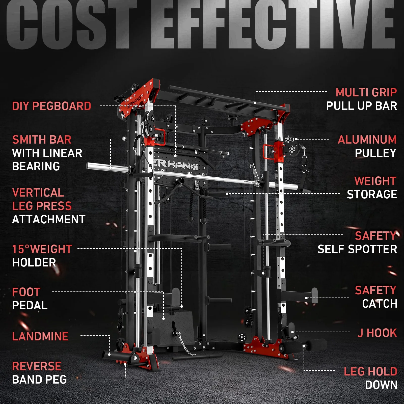 Mikolo Smith Machine Home Gym, 2200LB Squat Rack, Power Cage with Cable Crossover System, Multifunction LAT Pull Down Machine, DIY Storage Home Gym Equipment(Red)