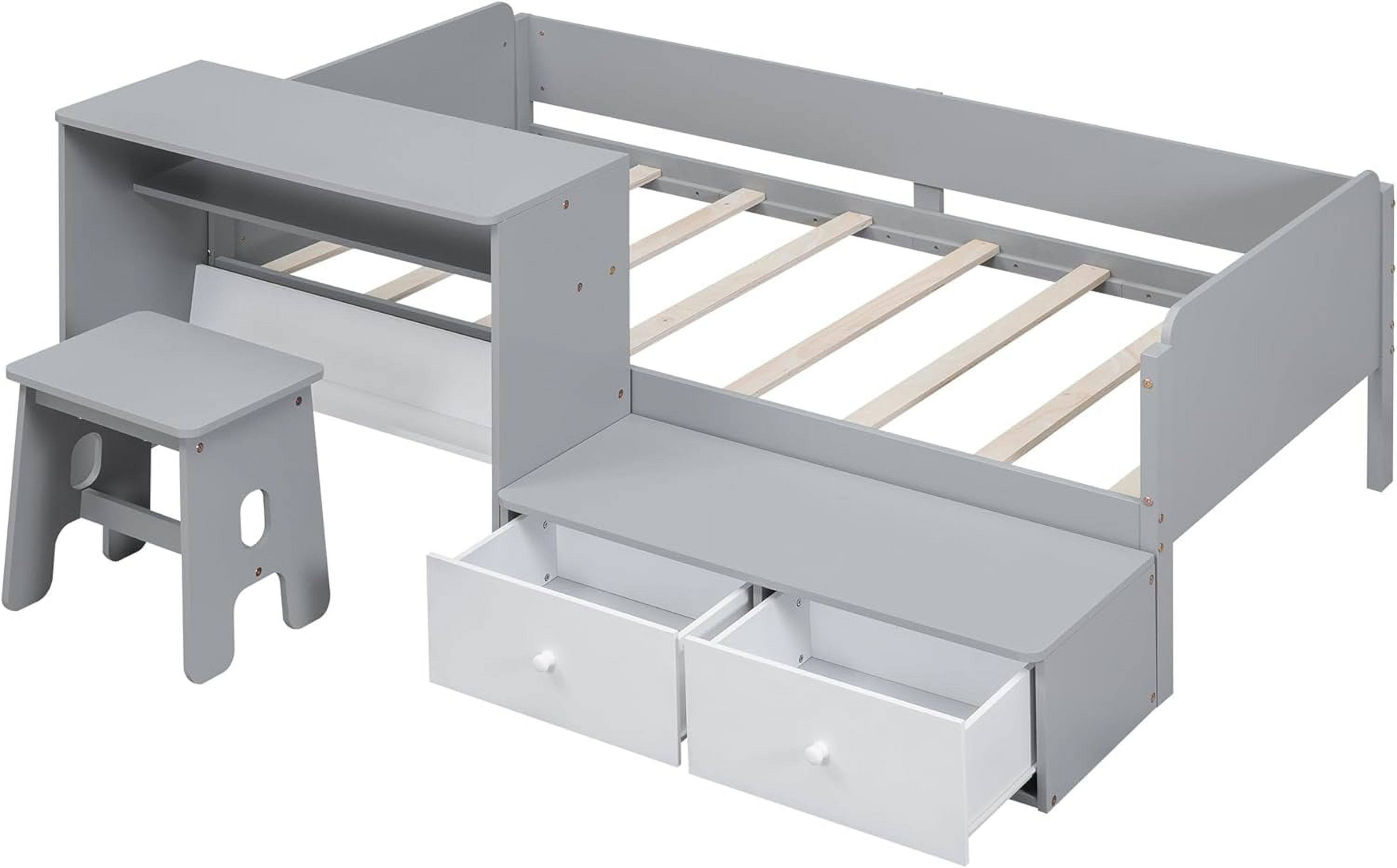 Twin Size Platform Bed with 2 Drawers and 1 Chair&Desk Set, Solid Wood Daybed Frame for Kids, Teens, Boys, Girls