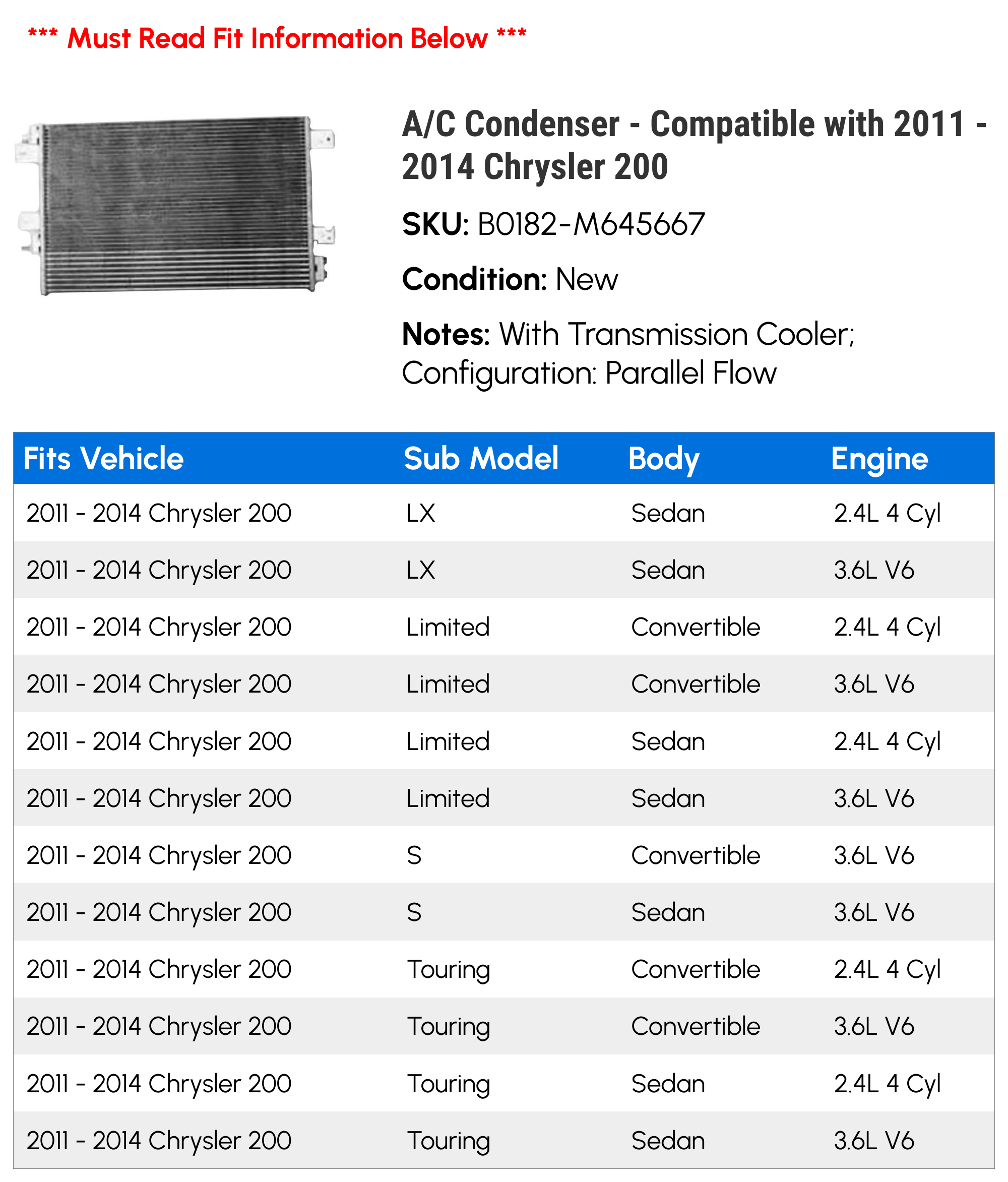 A/C Condenser - Compatible with 2011 - 2014 Chrysler 200 2012 2013