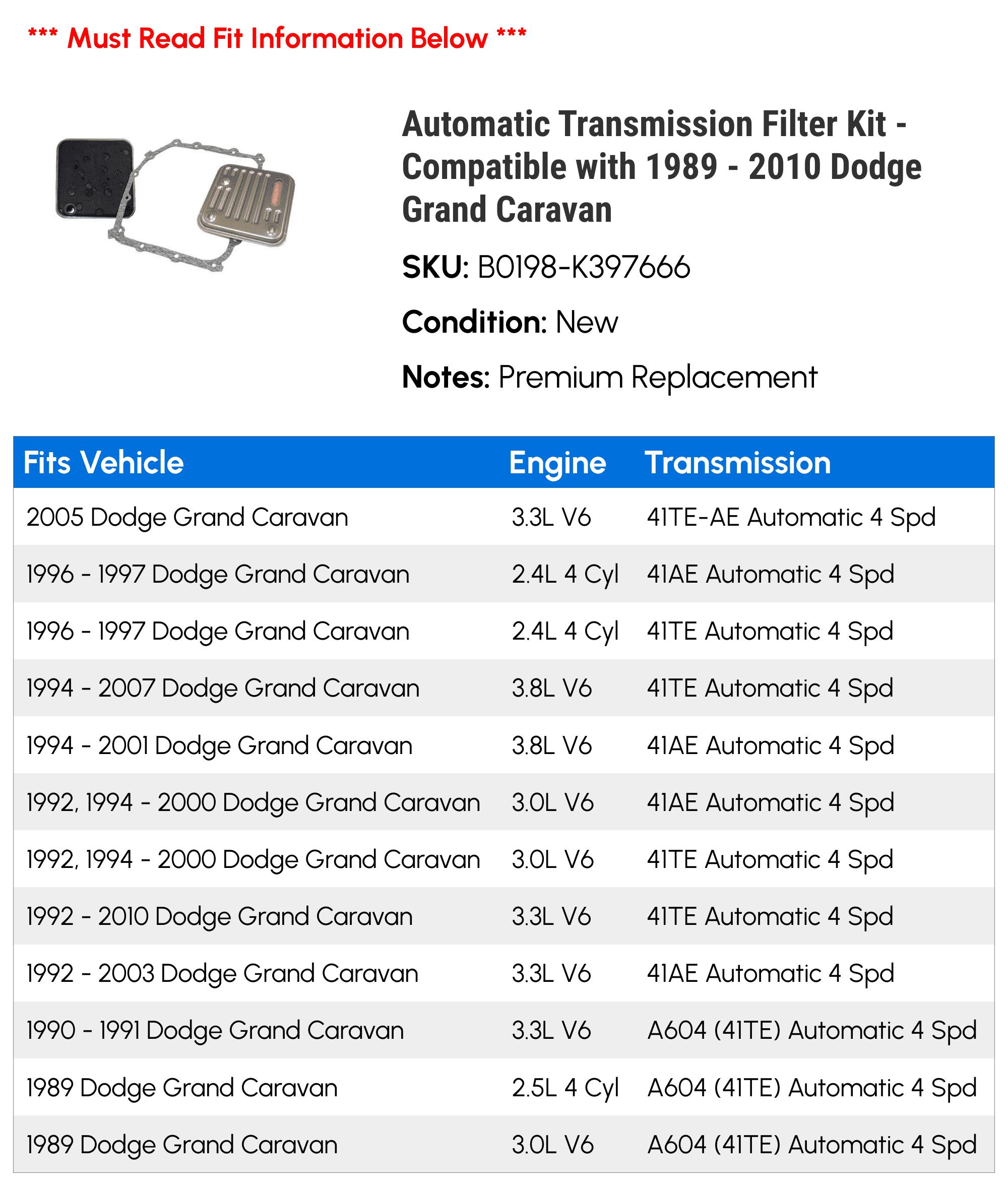 Automatic Transmission Filter Kit - Compatible with 1989 - 2010 Dodge Grand Caravan 1990 1991 1992 1993 1994 1995 1996 1997 1998 1999 2000 2001 2002 2003 2004 2005 2006 2007 2008 2009