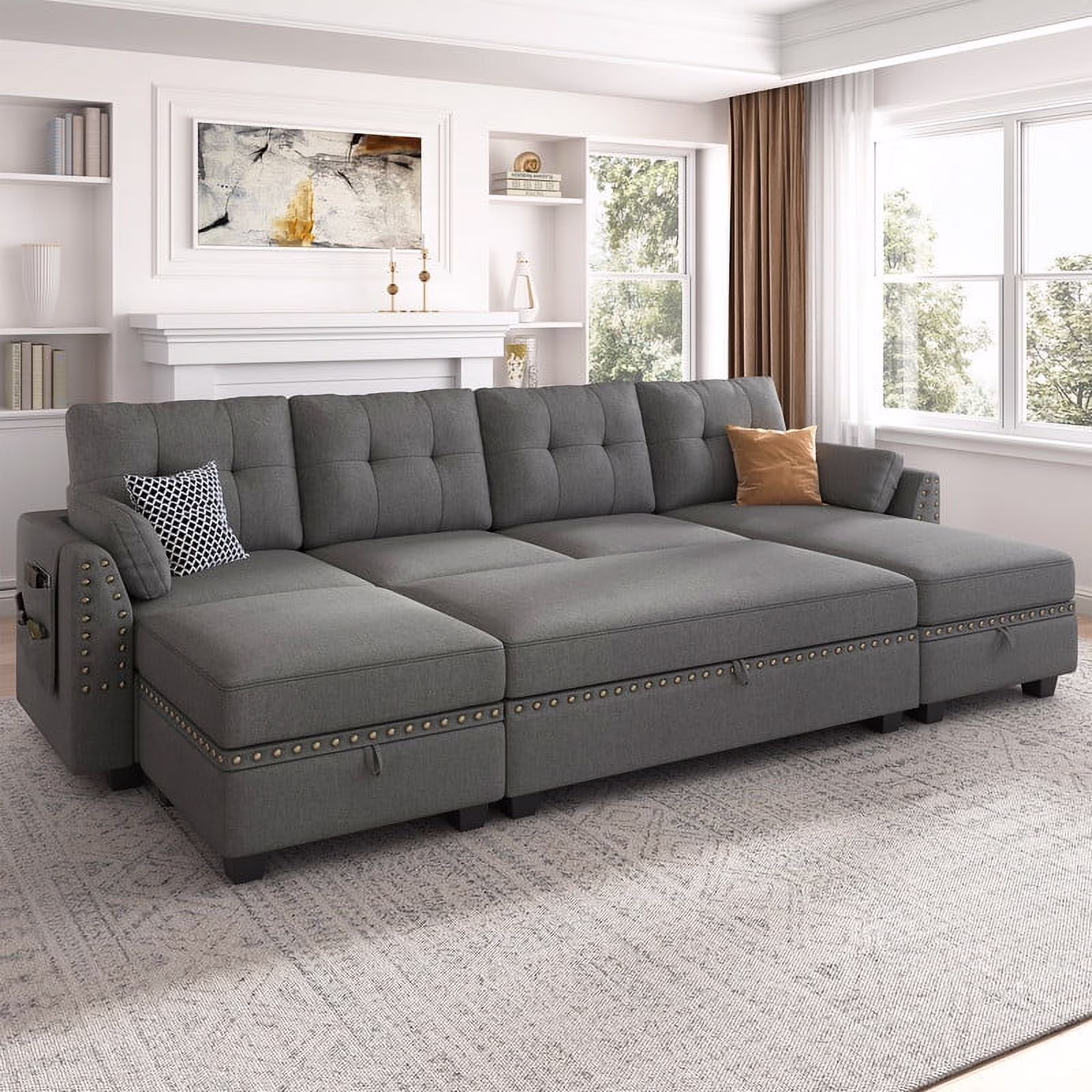 HONBAY Convertible Modern Reversible Sleeper Sectional Sofa Sets with Storage for Living Room and Apartment, Grey