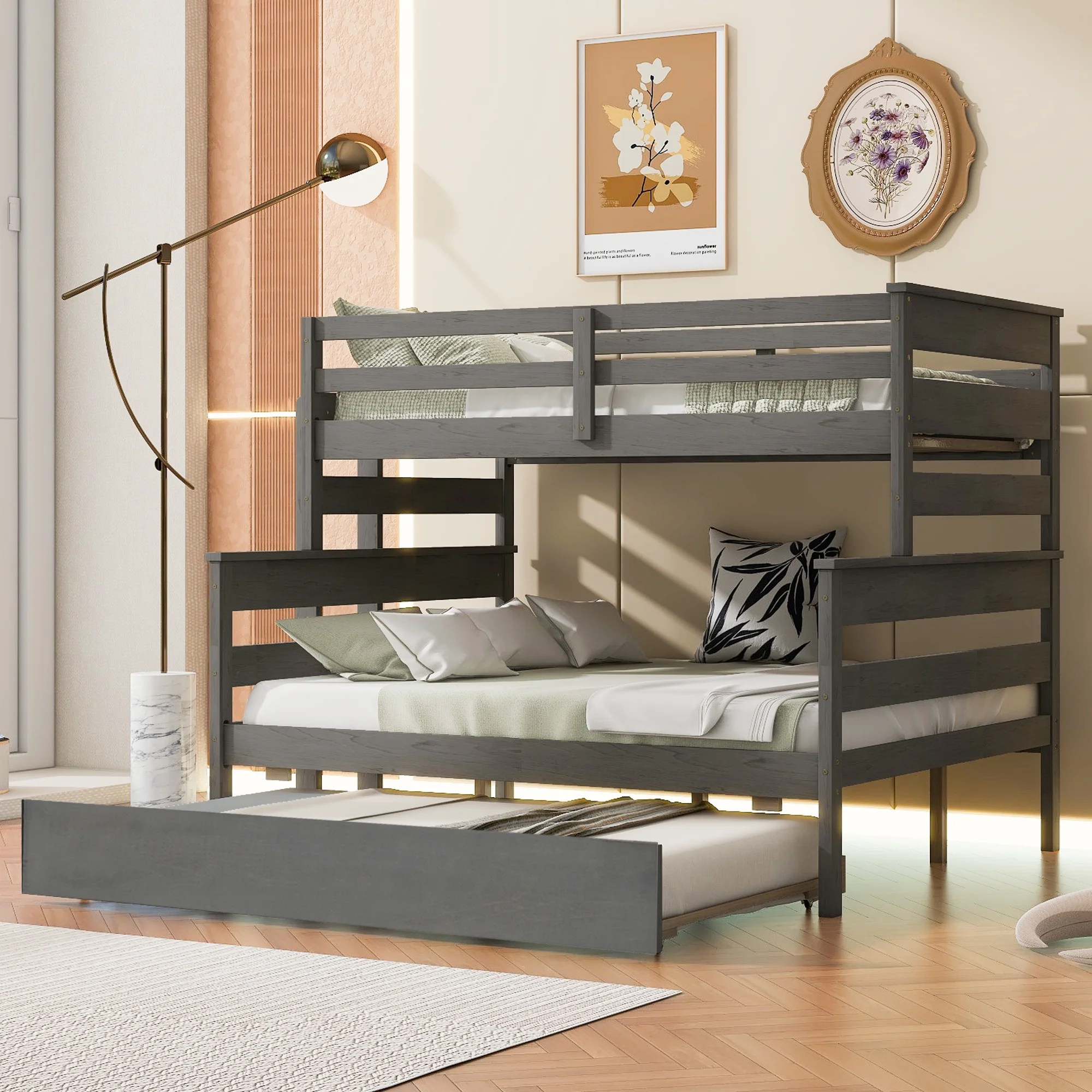Churanty Twin over Full Bunk Bed with Trundle, Wood Bunk Bed Frame for 2 Kids Teens Bedroom,Gray