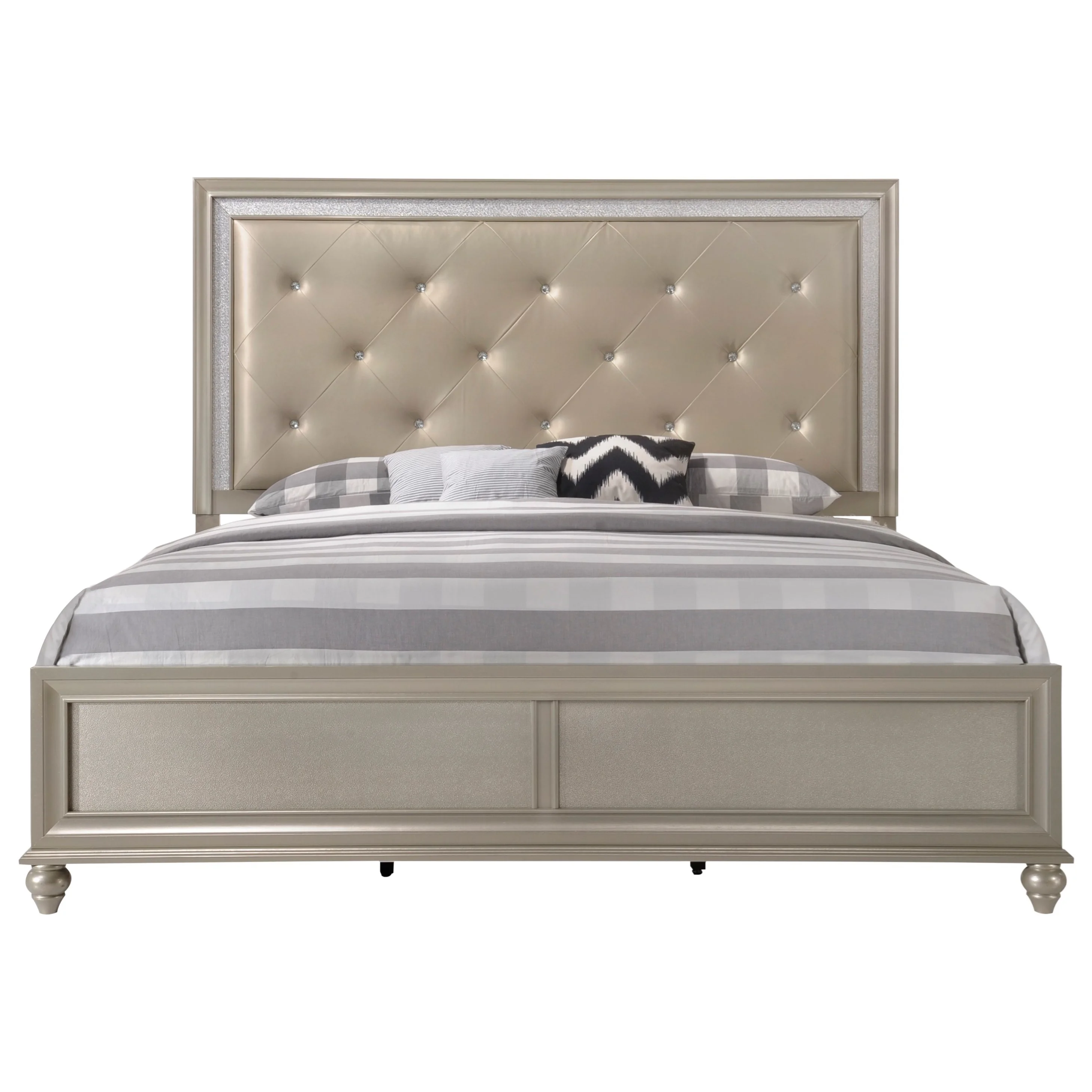 Modern Champagne Faux Finish 4pc Queen Size Bedroom Set Bed Dresser Mirror Nightstand Button Tufting Faux Gems