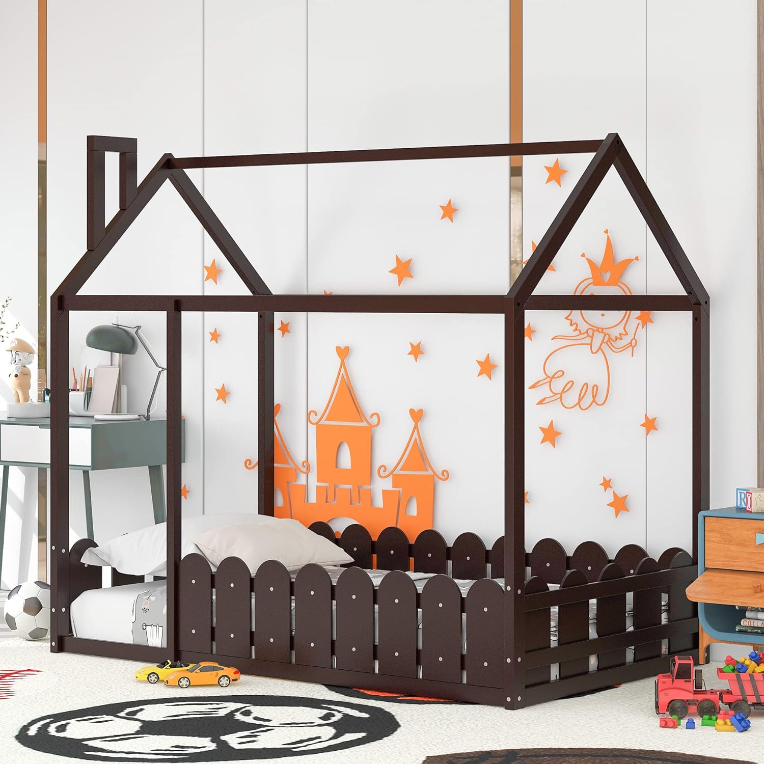 Size House Bed With Fence, House Floor Bed Frame With Roof And Chimney, Wooden Cabin Bed For Kids And Teens(Espresso)