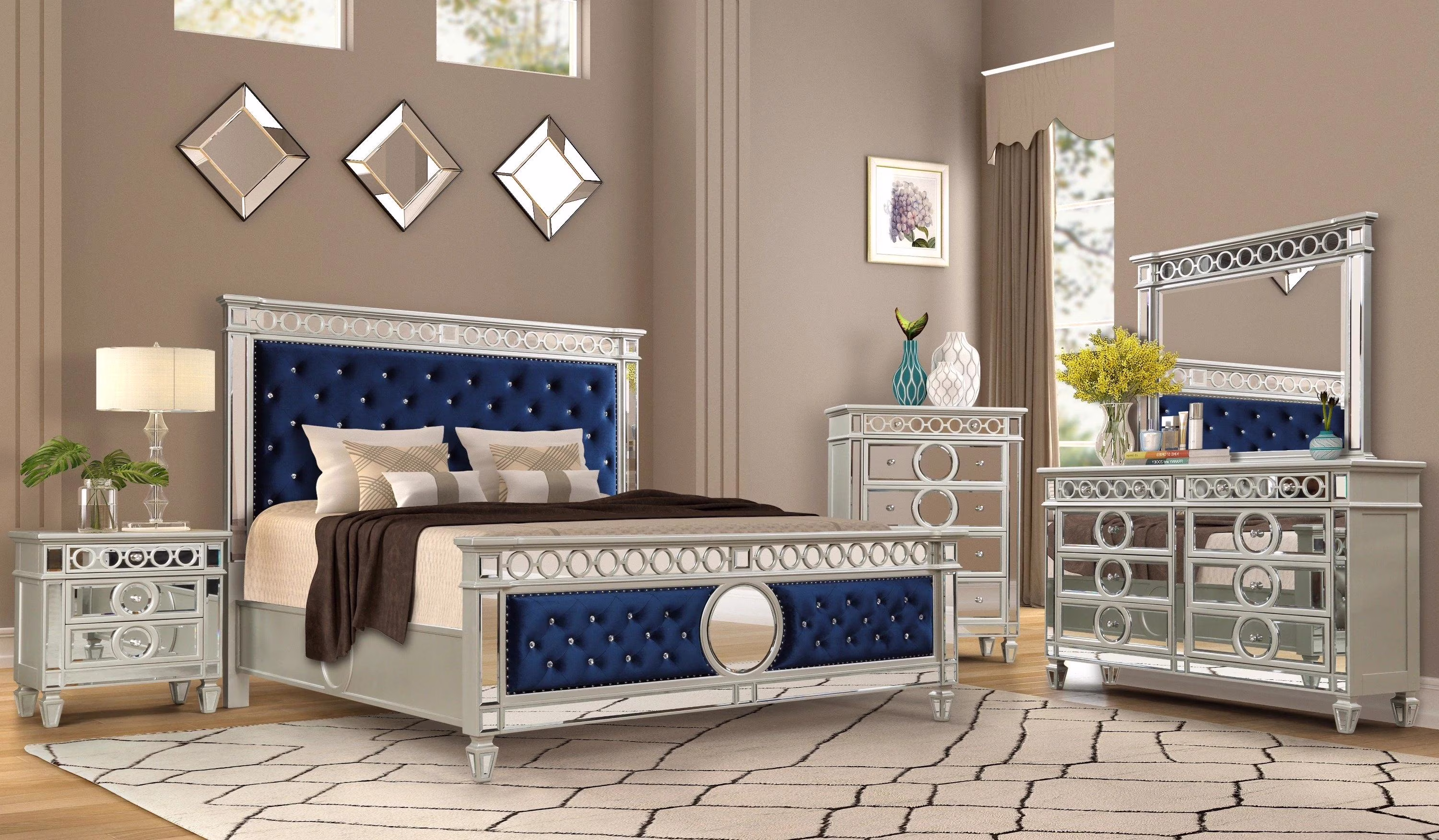 Blue Velvet & Mirror Accents King Bedroom Set 3Pcs McFerran B1688 Contemporary