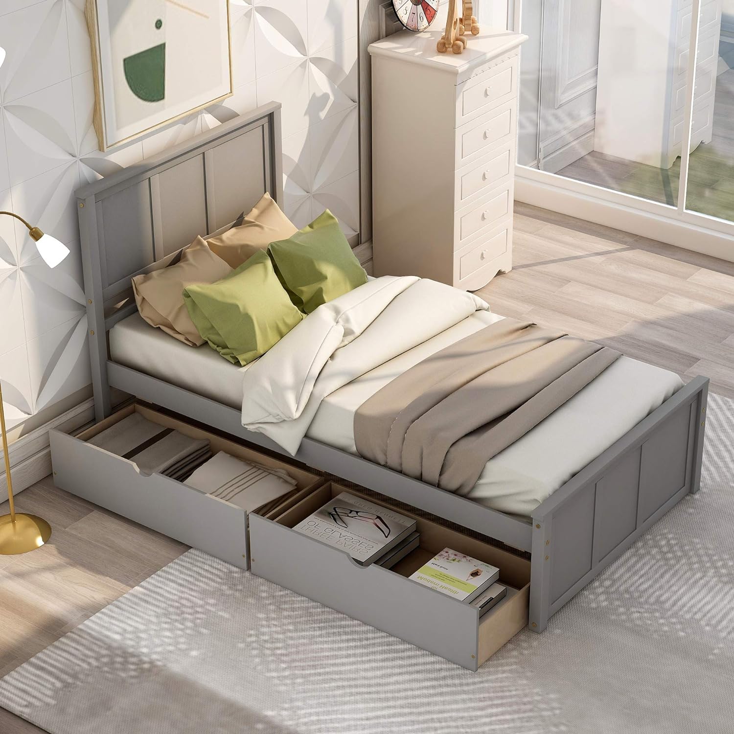 Size Platform Bed With Storage Drawers, Wooden Bed Frame With Headboard And Footboard, No Box Spring Need, Grey