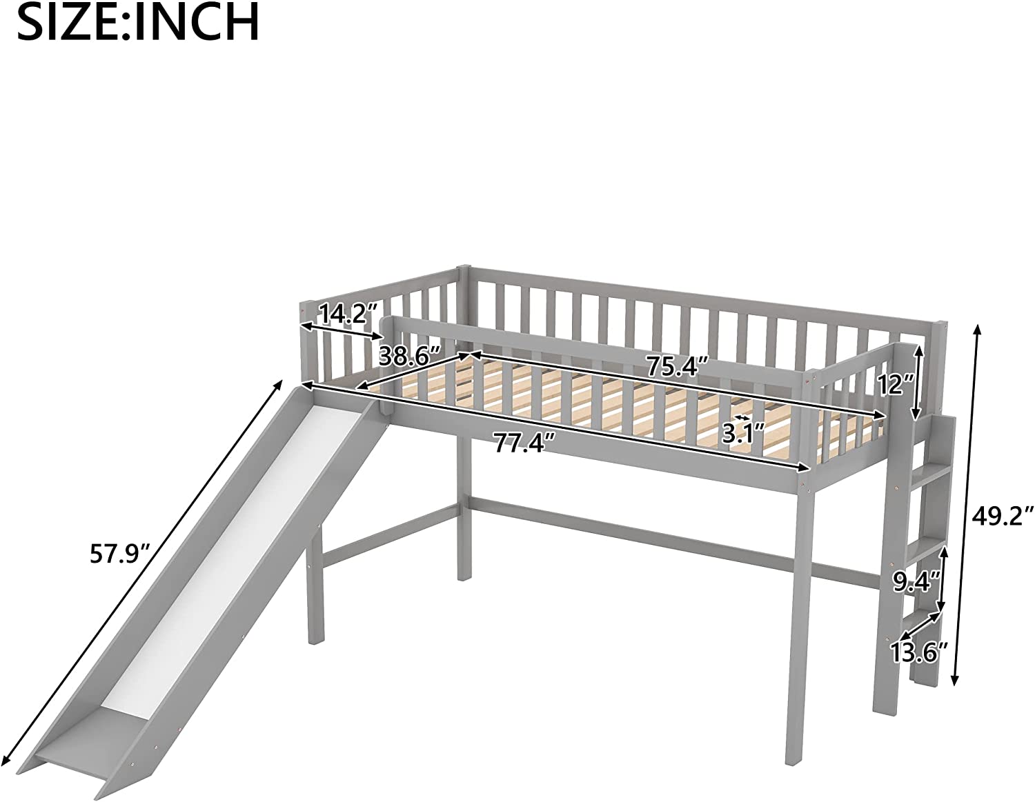 Low Lof Bed Wih Slide, Wood Size Lof Bed Frame Wih Ladder Ad Guardrails For Kids, oddlers, ees, o Box Sprig(Gray)