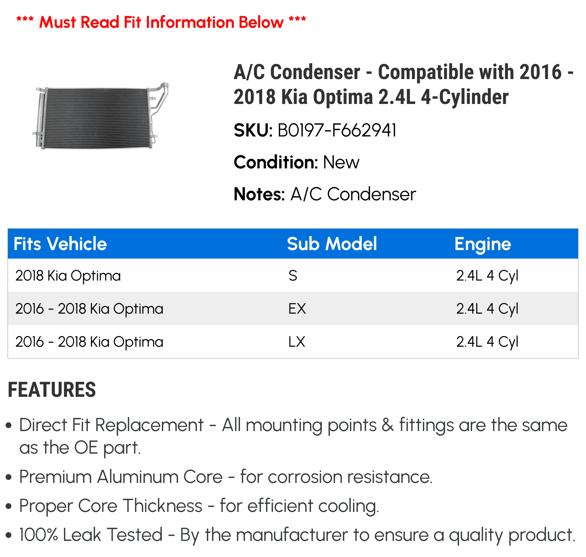 A/C Condenser - Compatible with 2016 - 2018 Kia Optima 2.4L 4-Cylinder 2017