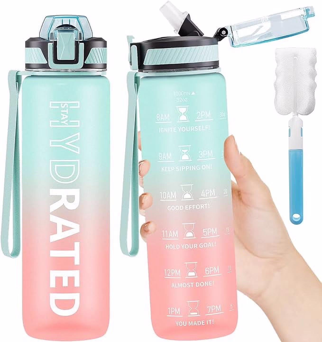 Water Bottle with Straw, 32 oz Motivational Water Bottles with Time Marker to Drink, Tritan BPA Free, 1L Sports Water Bottle with Carry Strap LeakProof for Women Men Gym Fitness Outdoor (1 Pack)
