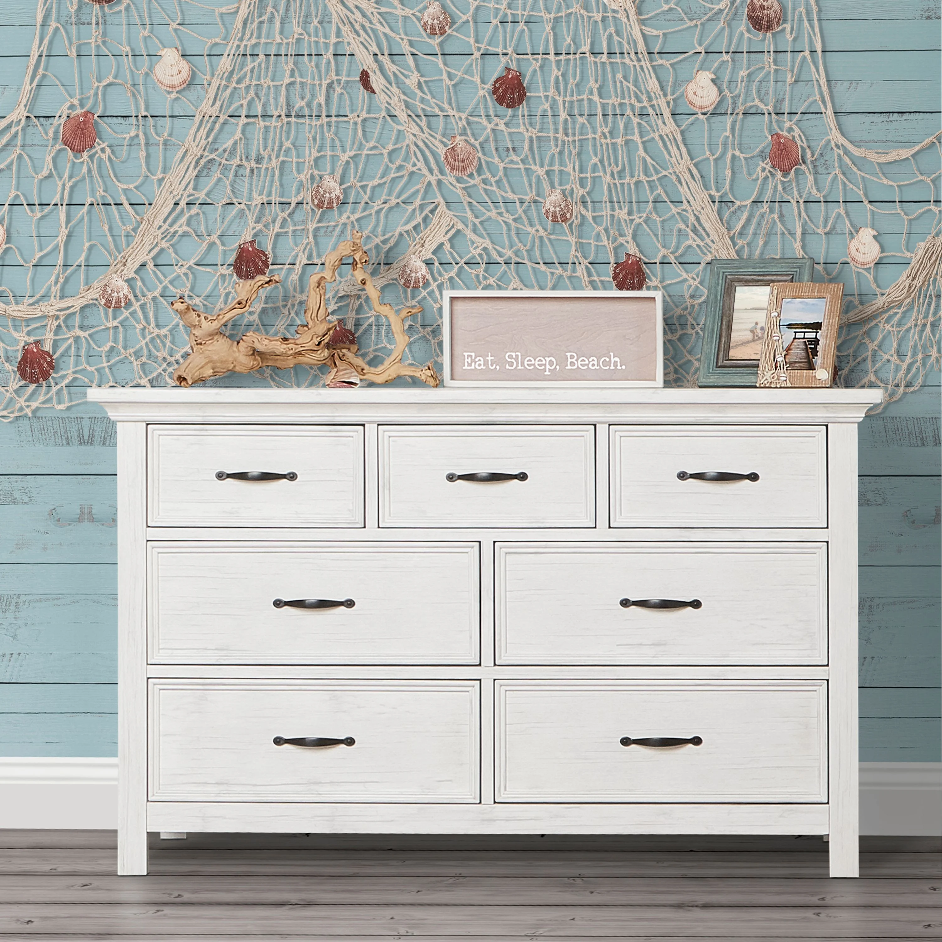Evolur Belmar Rustic 7-Drawer Double Dresser, White.