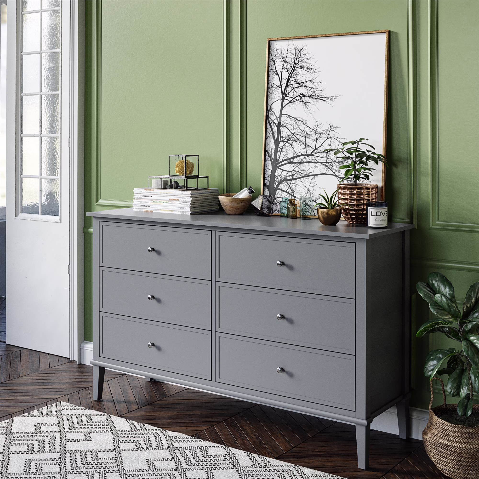 Desert Fields Eclectic Boho 6-Drawer Dresser, Gray
