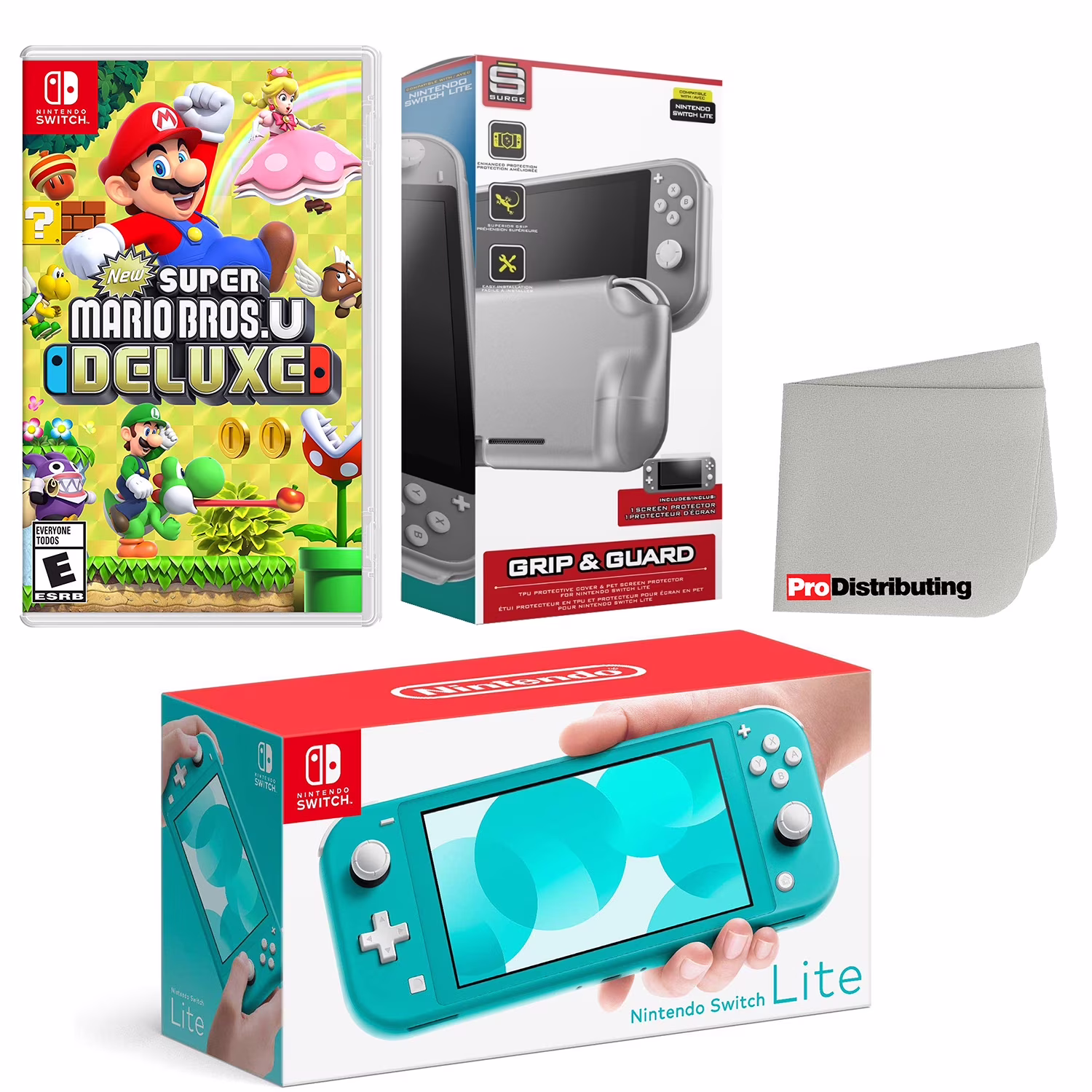 Nintendo Switch Lite Console Turquoise with New Super Mario Bros. U Deluxe, Protective Case, Screen Protector and Screen Cleaning Cloth Bundle - Import with US Plug