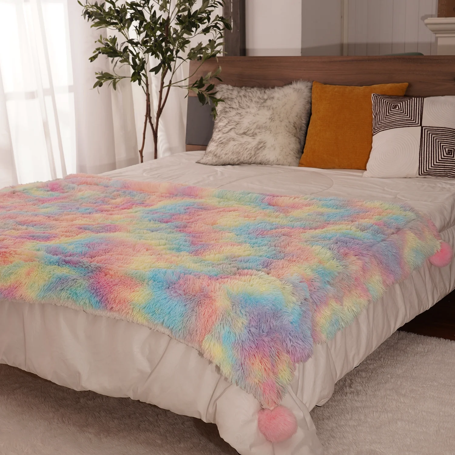 Lochas Plush Fluffy Rainbow Blanket with 4 Hairball for Couch Bed Sofa Kids Soft Blankets, 50