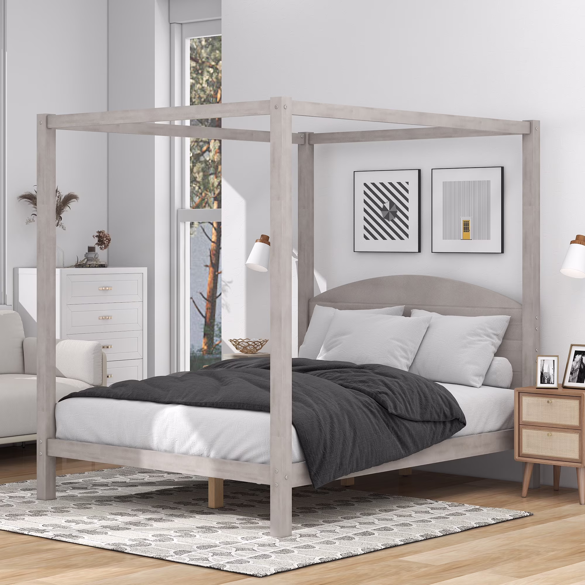 CoSoTower Queen Size Canopy Platform Bed With Headboard And Support Legs, Grey Wash