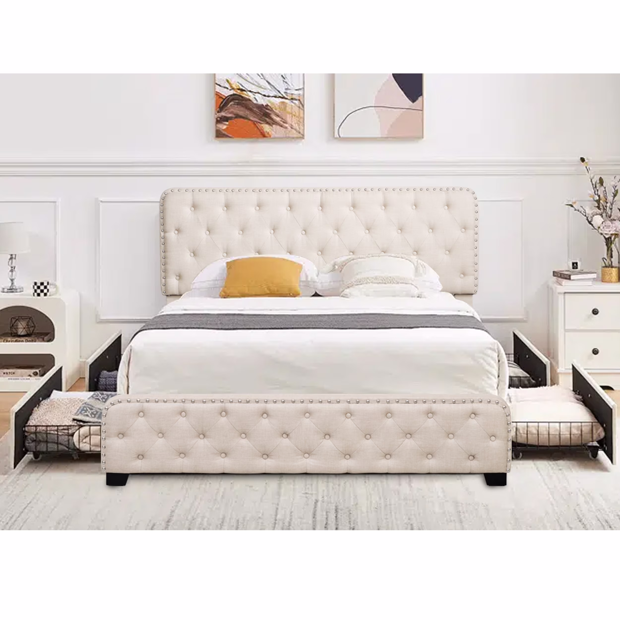 TrumanPick Queen Platform Bed Frame with 4 Storage Drawers and Adjustable Headboard, Adult, Beige