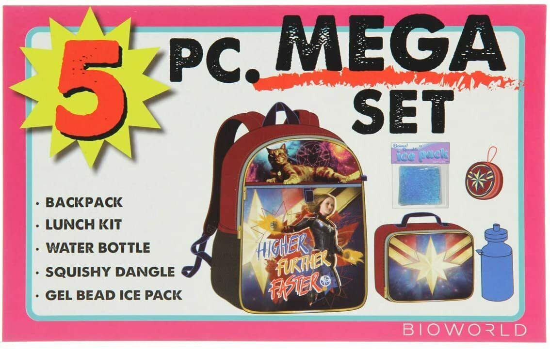 Captain Marvel Backpack Lunch Kit Water Bottle 5 Pc. Mega Set