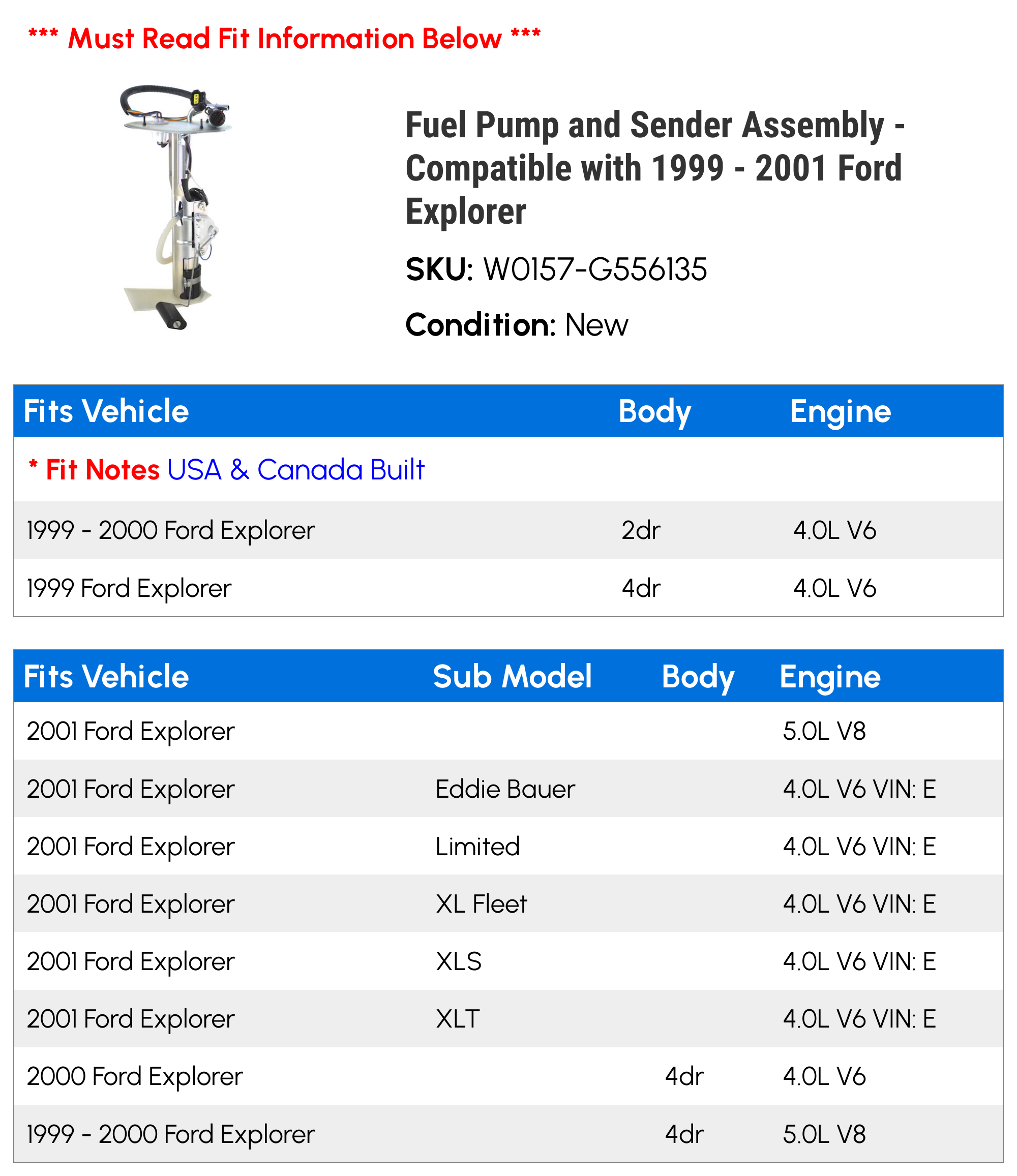 Fuel Pump and Sender Assembly - Compatible with 1999 - 2001 Ford Explorer 2000