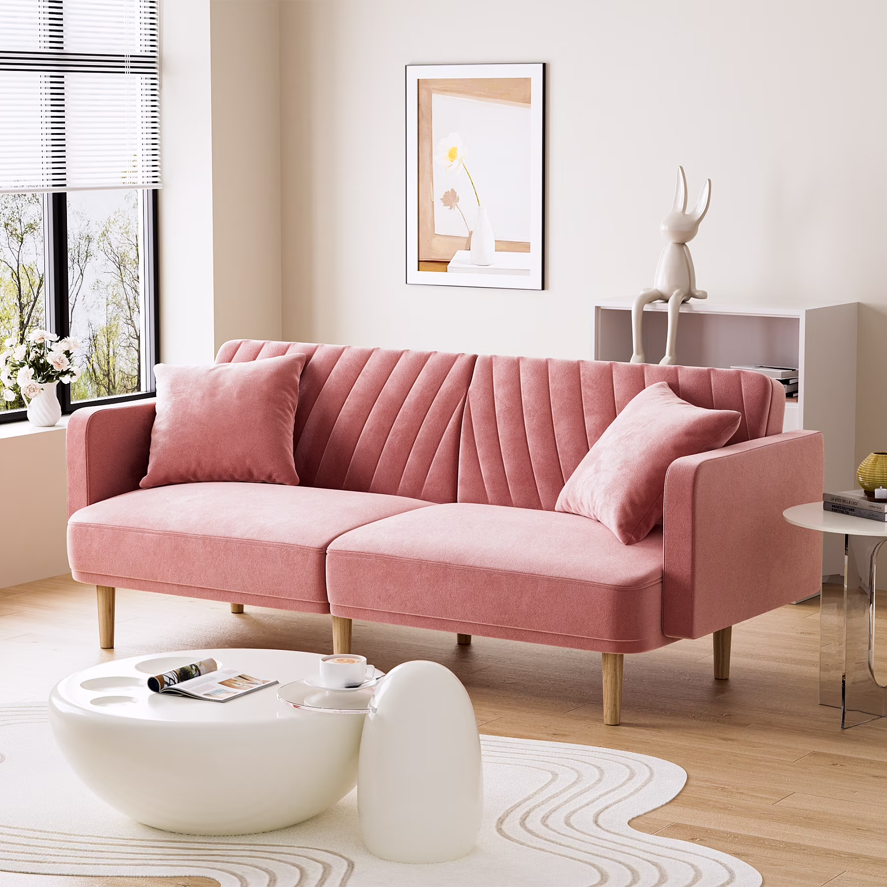 Ouyessir Velvet Futon Sofa Bed,Modern Convertible Futon Couch with 2 Pillows and Wooden Legs,3 Adjustable Angles Backrest,Upholstered Sleeper Sofa for Living Room Apartment Small Space