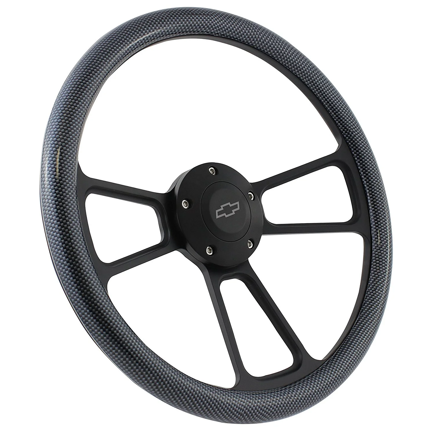 Black Steering Wheel 14 Inch Aluminum with Carbon Fiber Vinyl Half Wrap, Horn, and Chevy Installation Adapter