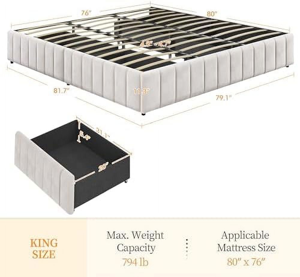 TJUNBOLIFE Platform Bed Frame with 4  Drawers  Upholstered Bed Frame with Strong Wooden Slats/Mattress Foundation/No Fixed Headboard/No Box Spring Needed/Large  Space Dark Grey-Queen