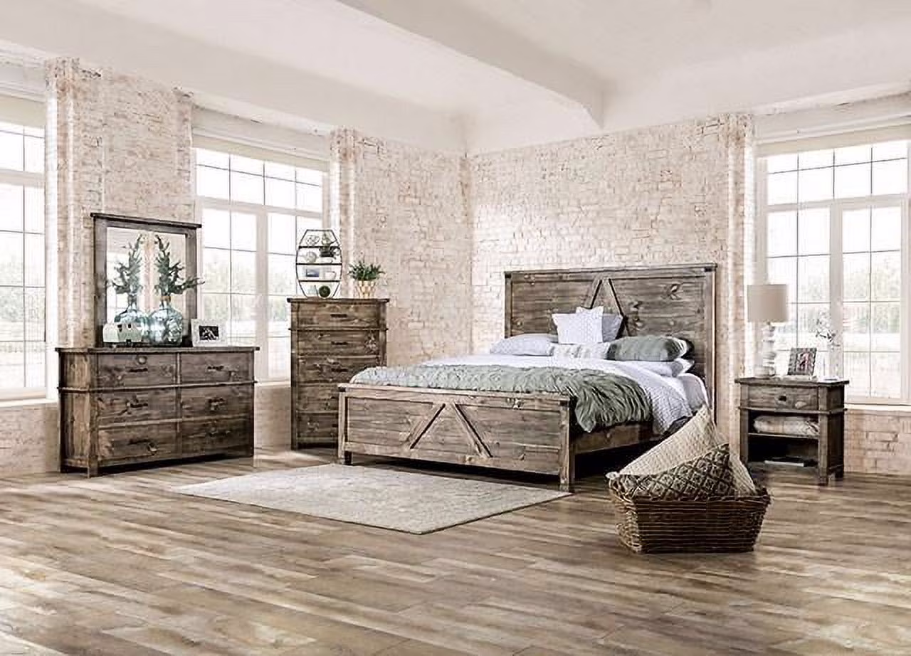 Rustic Ash Brown Solid Wood Queen Bedroom Set 3pcs FOA EM7071BR Woodburn