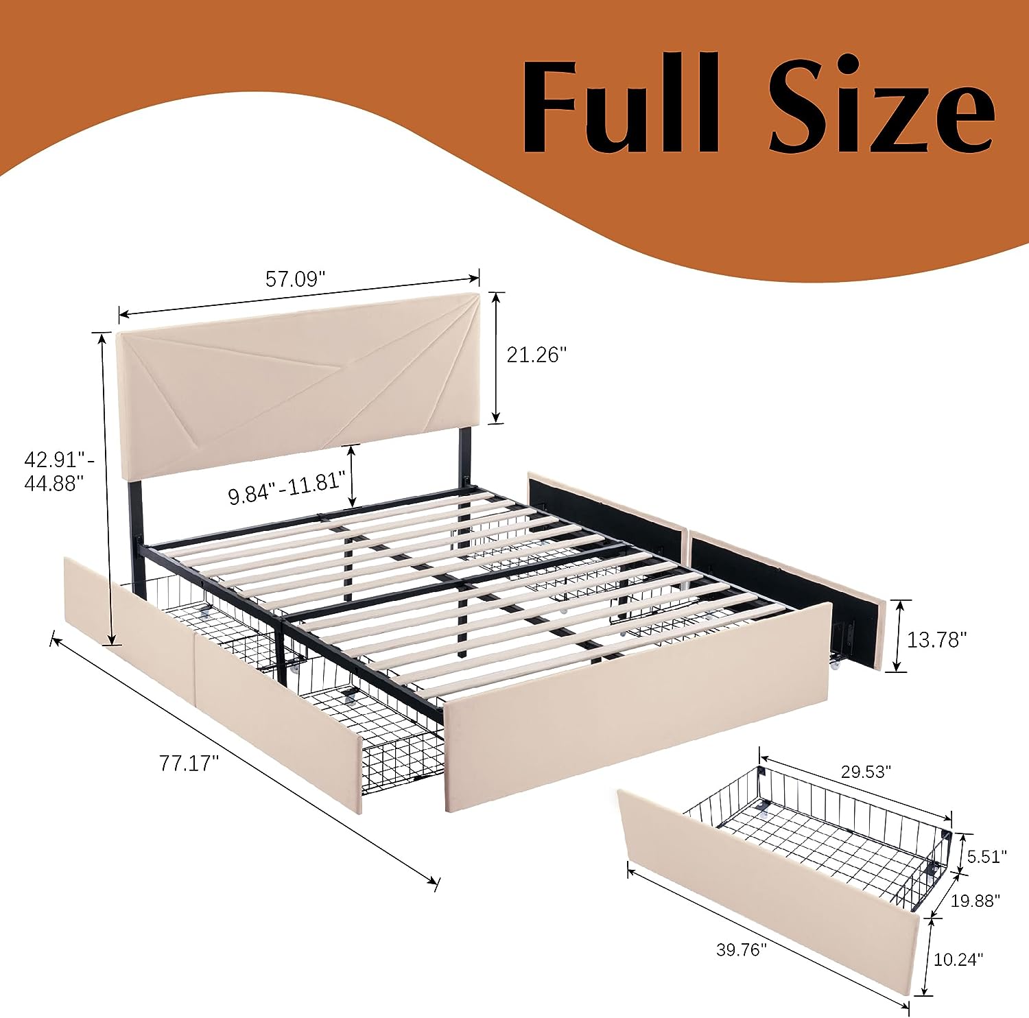LoVinson Full Size Bed Frame with 4 Drawers, Platform Bed with Charging Station and Adjustable Headboard, Mattress Foundation with Wooden Slats Support, No Box Spring Needed, Beige
