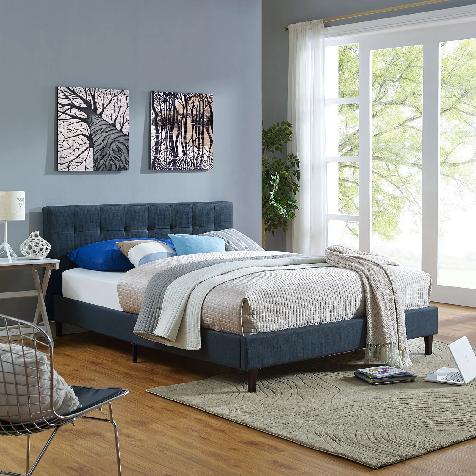 Modern Contemporary Urban Design Bedroom Queen Size Platform Bed Frame, Navy Blue, Fabric Wood