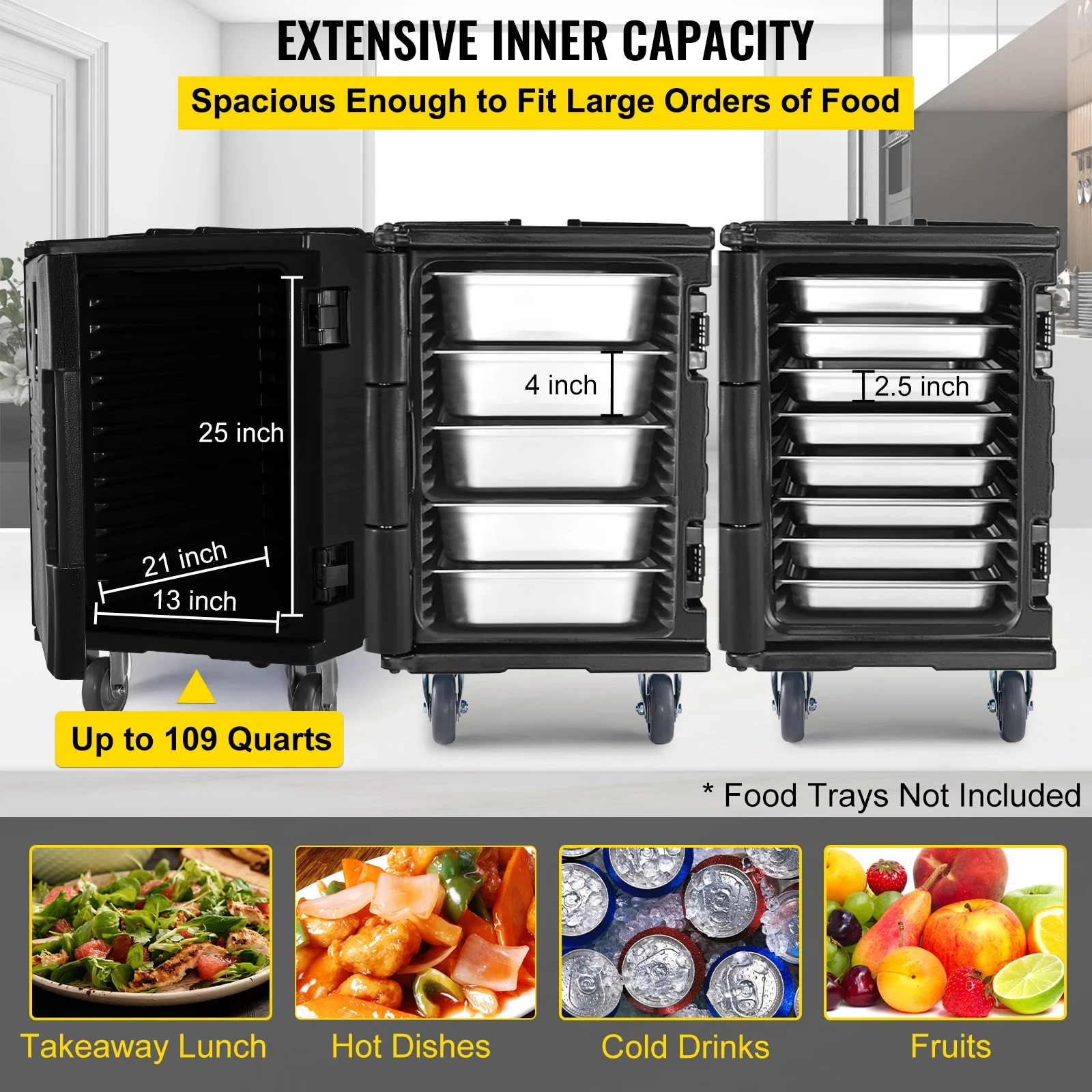 BENTISM Insulated Food Pan Carrier Front Load Catering Box w/ Wheels 109 Qt Black