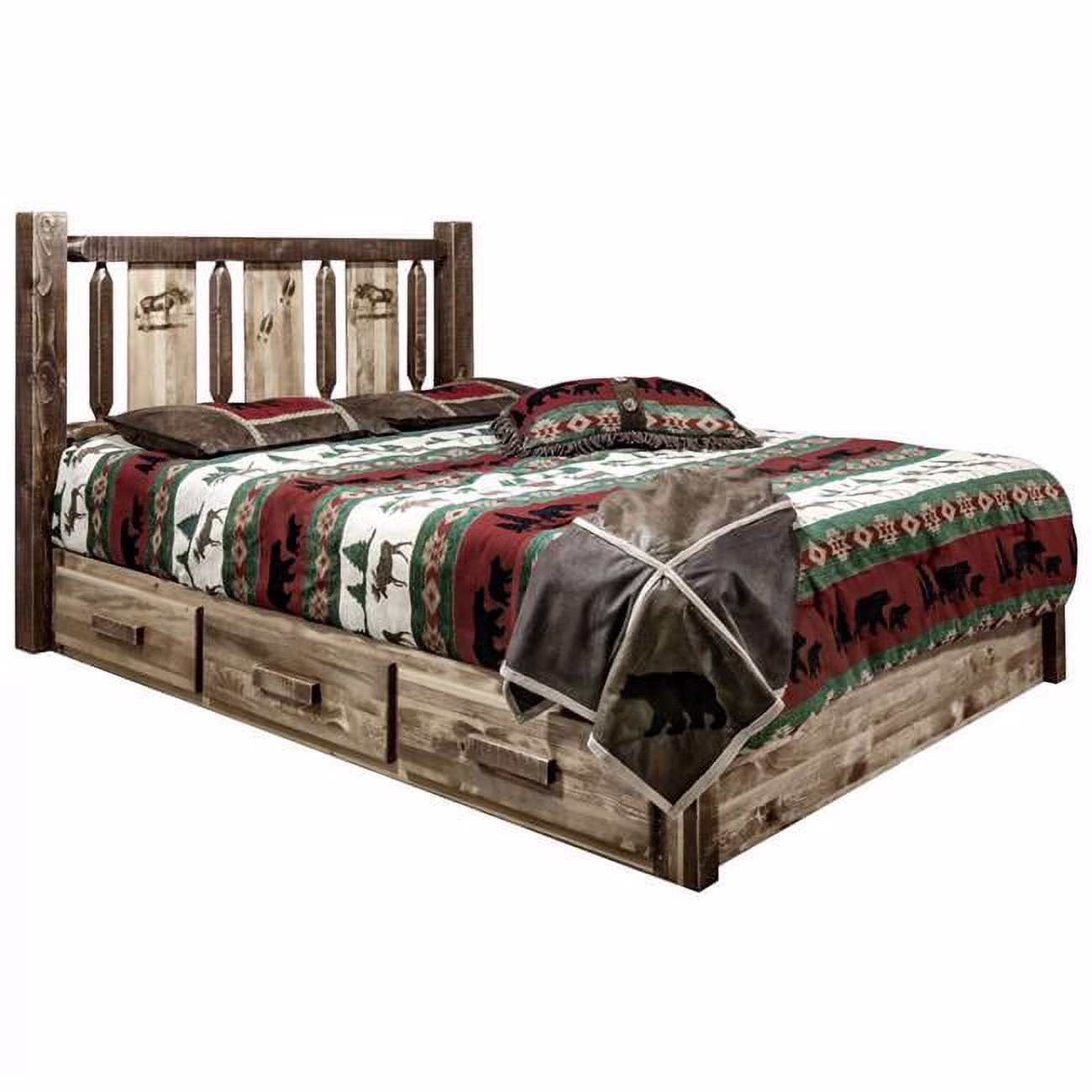 Homestead Platform Bed with Storage & Laser Engraved Moose Design, Stain & Clear Lacquer - California King Size