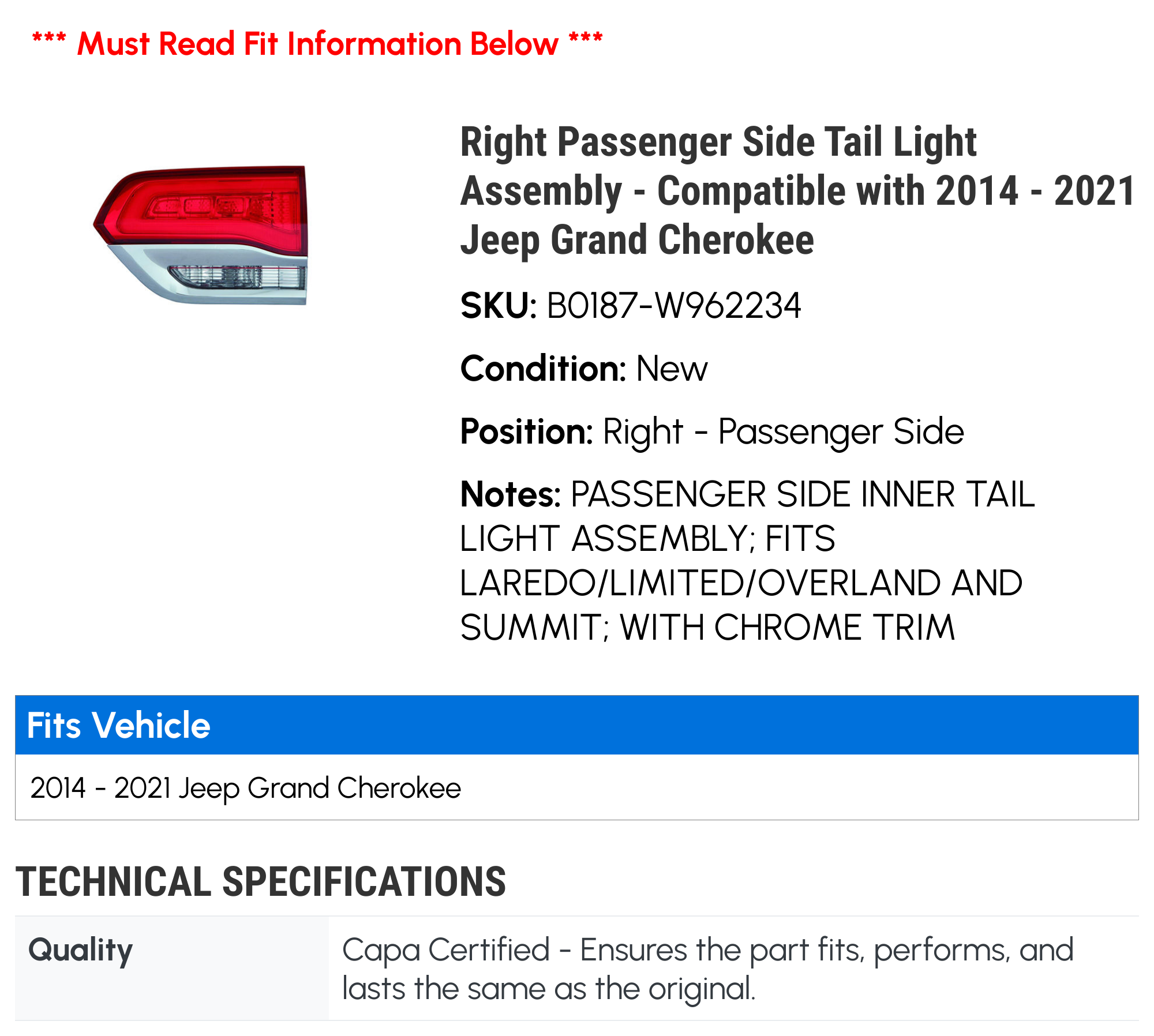 Right Passenger Side Tail Light Assembly - Compatible with 2014 - 2021 Jeep Grand Cherokee 2015 2016 2017 2018 2019 2020