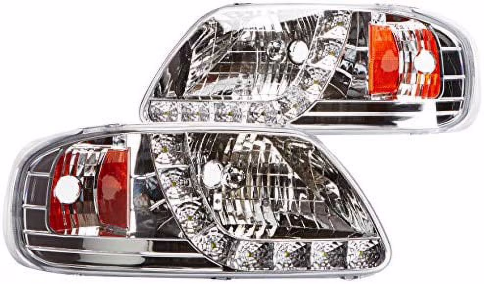 DRL LED Light Strip Headlight Head Lamp Replacement in Chrome Housing Clear Lens Made For And Compatible With 1997 - 2003 Ford F150 F-150 Expedtion 97 98 99 00 01 02 03
