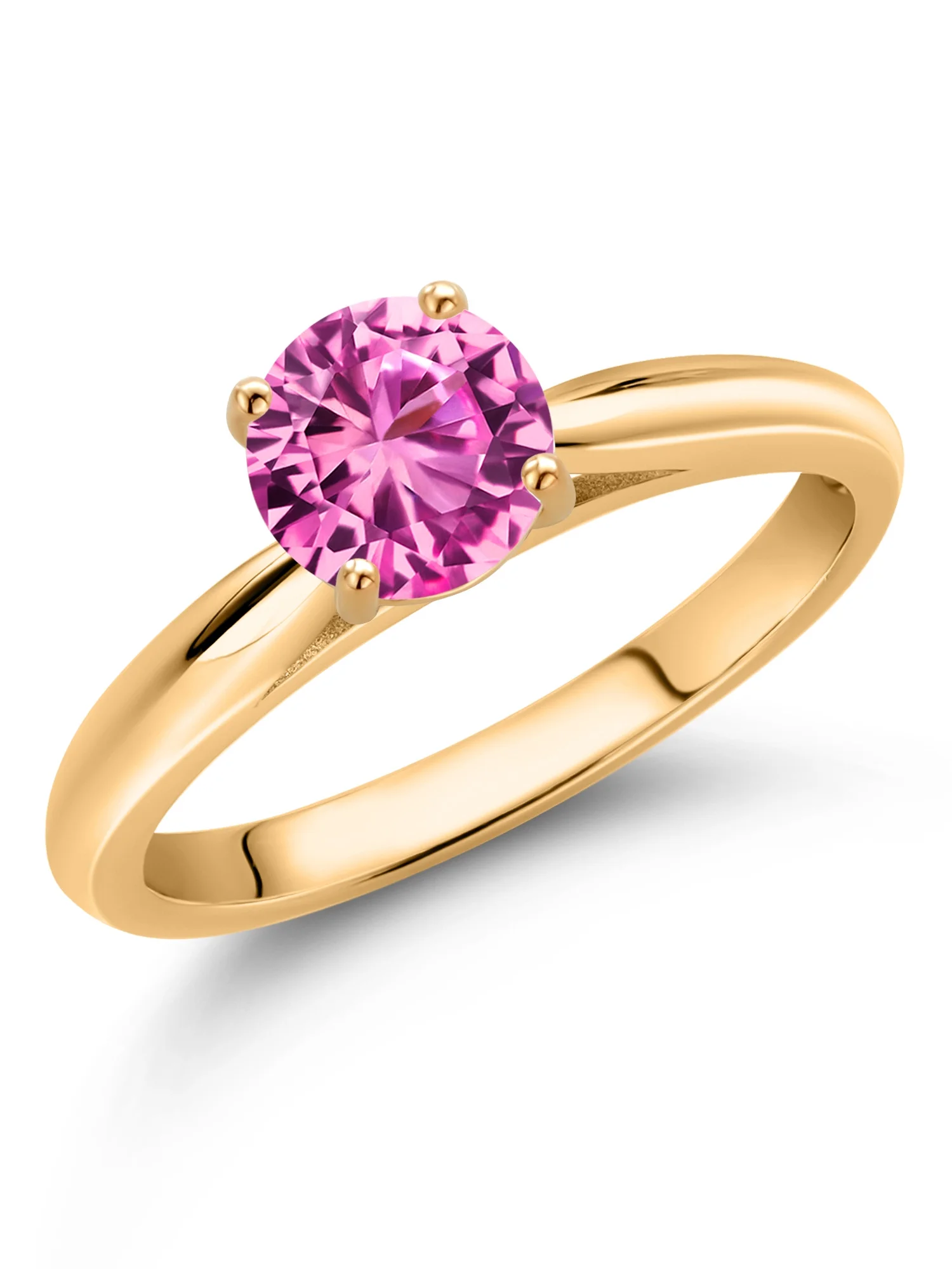 Gem Stone King 10K Yellow Gold Pink Created Sapphire Solitaire Engagement Ring For Women (1.00 Ct Round 6MM, Available In Size 5, 6, 7, 8, 9)