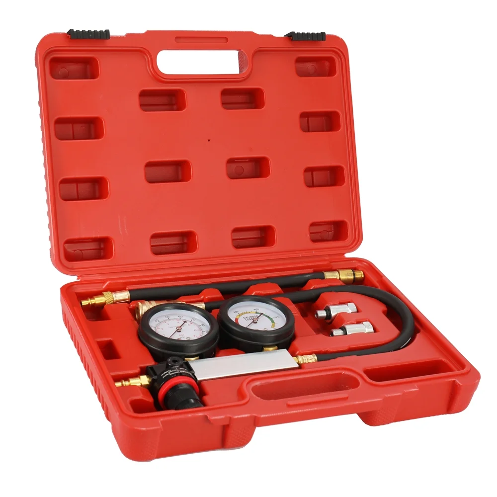Htovila Auto Cylinder Leak Tester Compression Leakage Detector Kit Set Petrol Engine Gauge Tool Kit Double Gauge System with Case