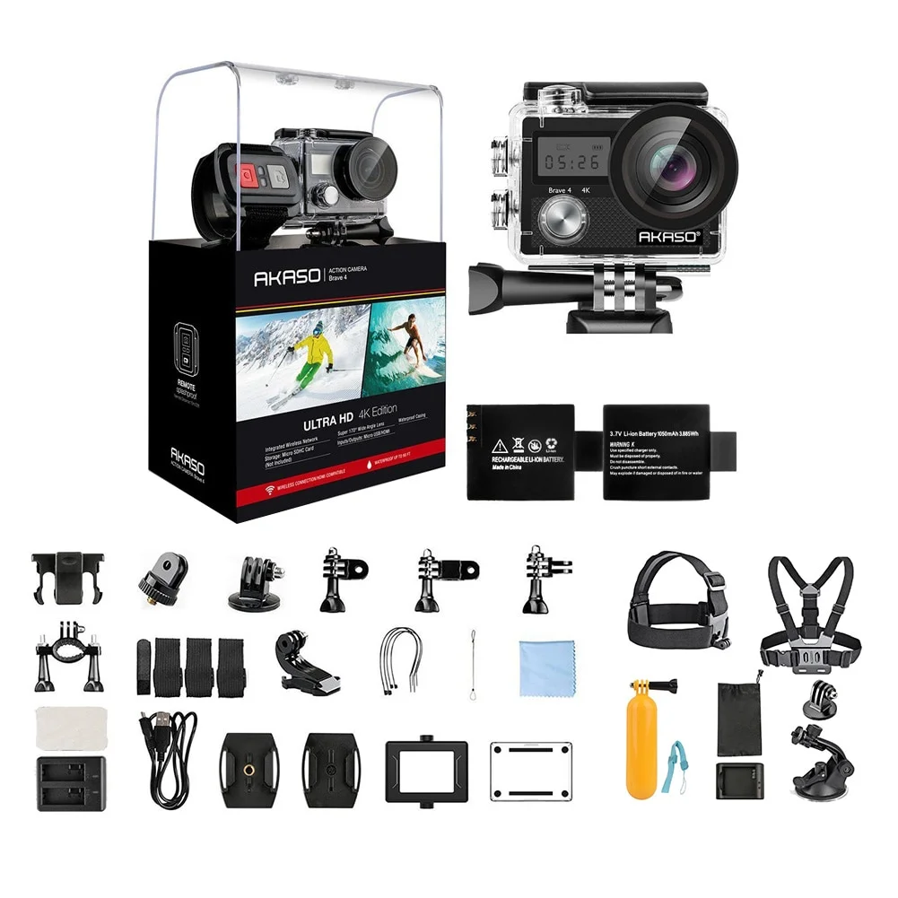 AKASO Brave 4 4K WiFi Action Camera 20MP 170 Degree Wide Angle Sport DV Camcorders + 7 in 1 Camera Accessories